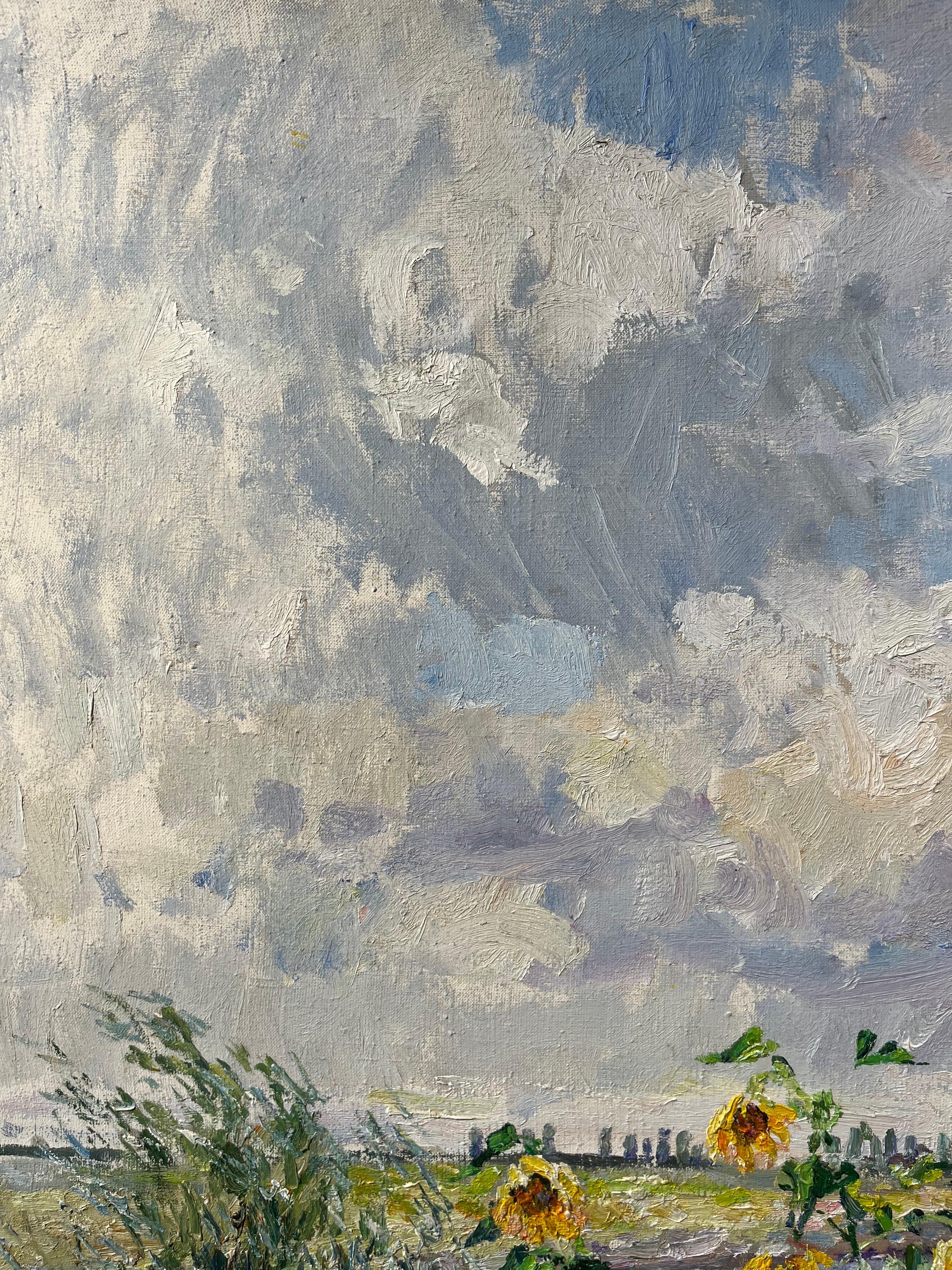 „windy summer day“ Ukraine, Fluss, Sonnenblumen, Sommer, Öl cm. 100 x 97 1998 (Impressionismus), Painting, von Georgij Moroz