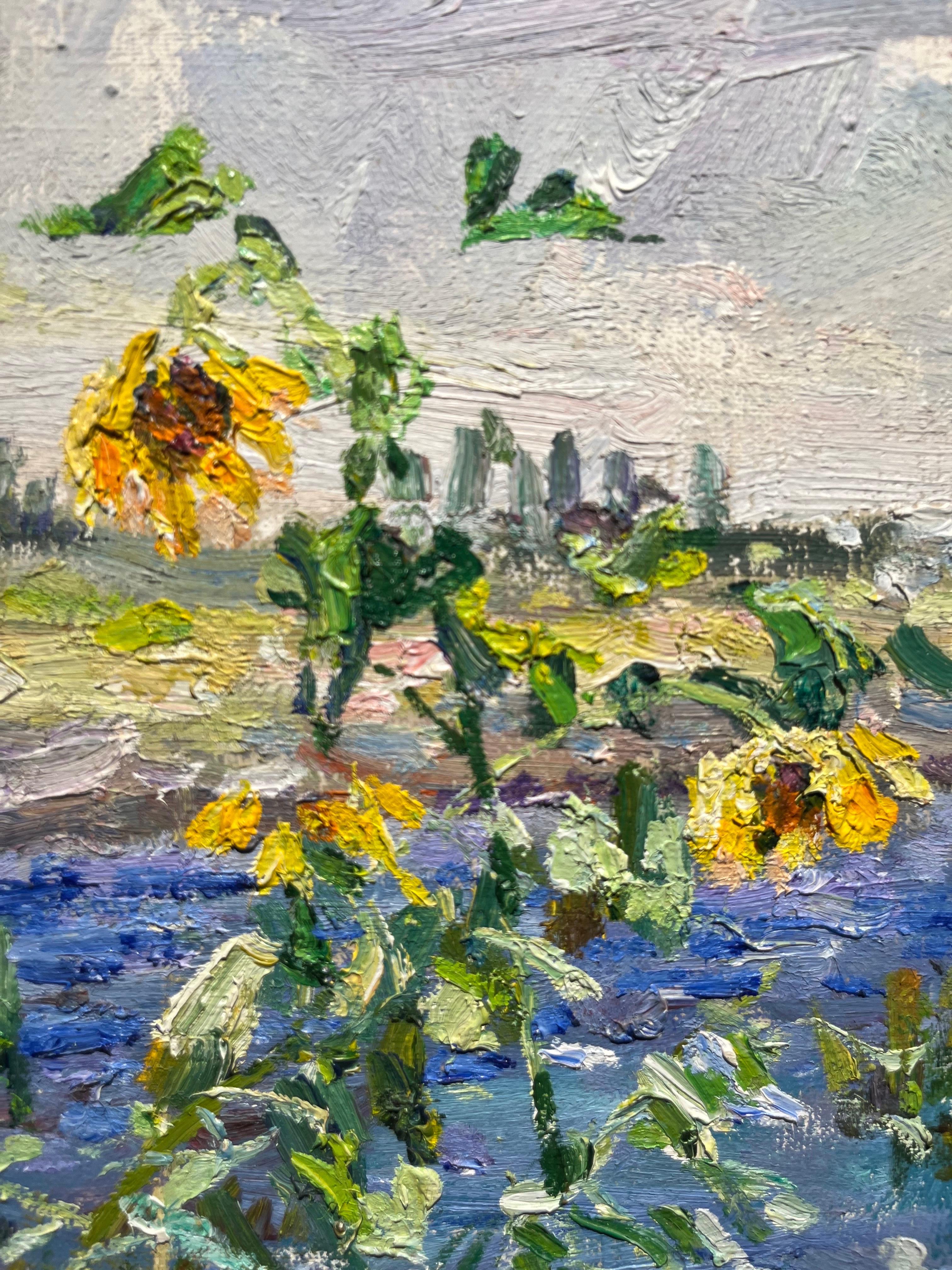 „windy summer day“ Ukraine, Fluss, Sonnenblumen, Sommer, Öl cm. 100 x 97 1998 (Grau), Figurative Painting, von Georgij Moroz