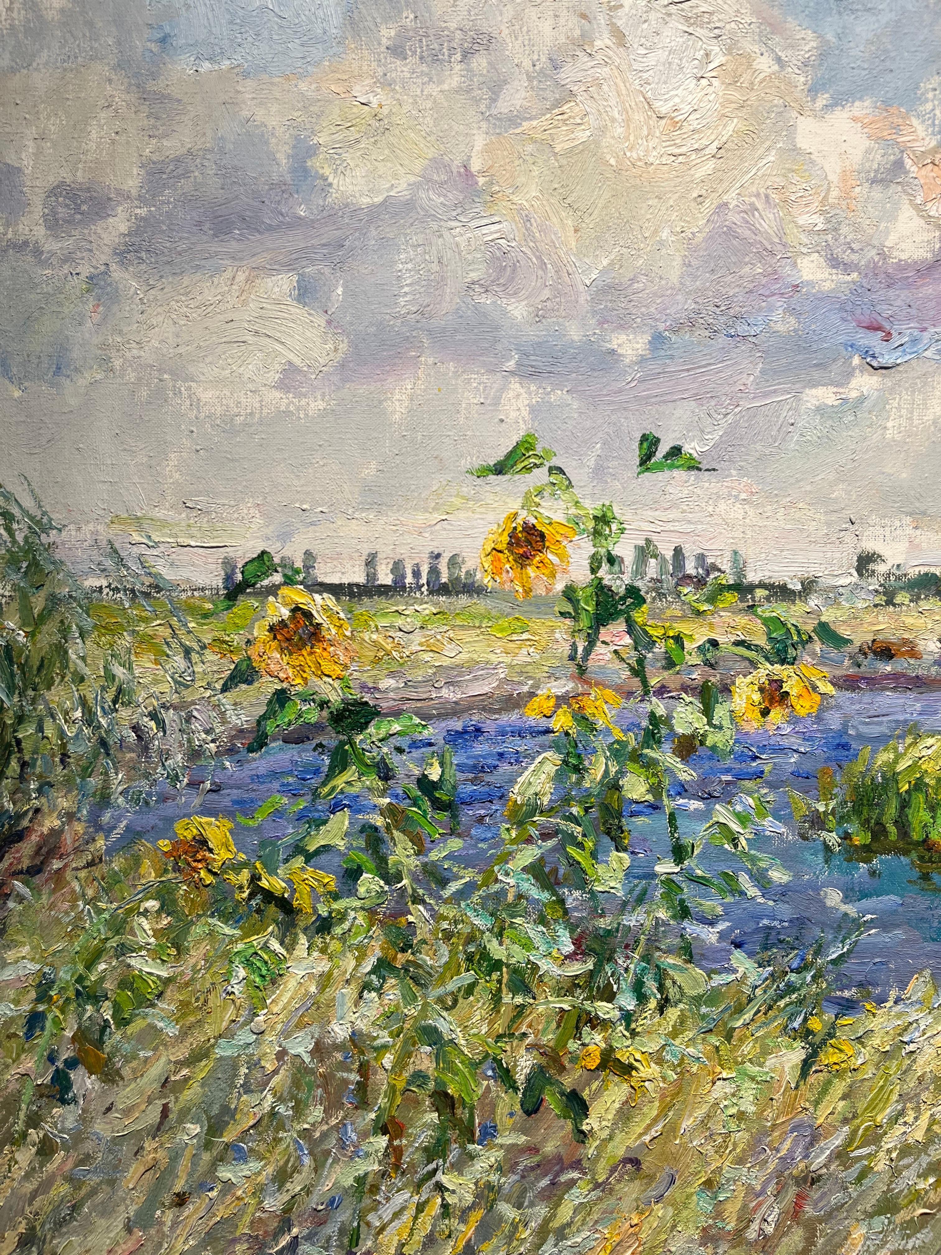 „windy summer day“ Ukraine, Fluss, Sonnenblumen, Sommer, Öl cm. 100 x 97 1998 2