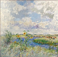 „windy summer day“ Ukraine, Fluss, Sonnenblumen, Sommer, Öl cm. 100 x 97 1998