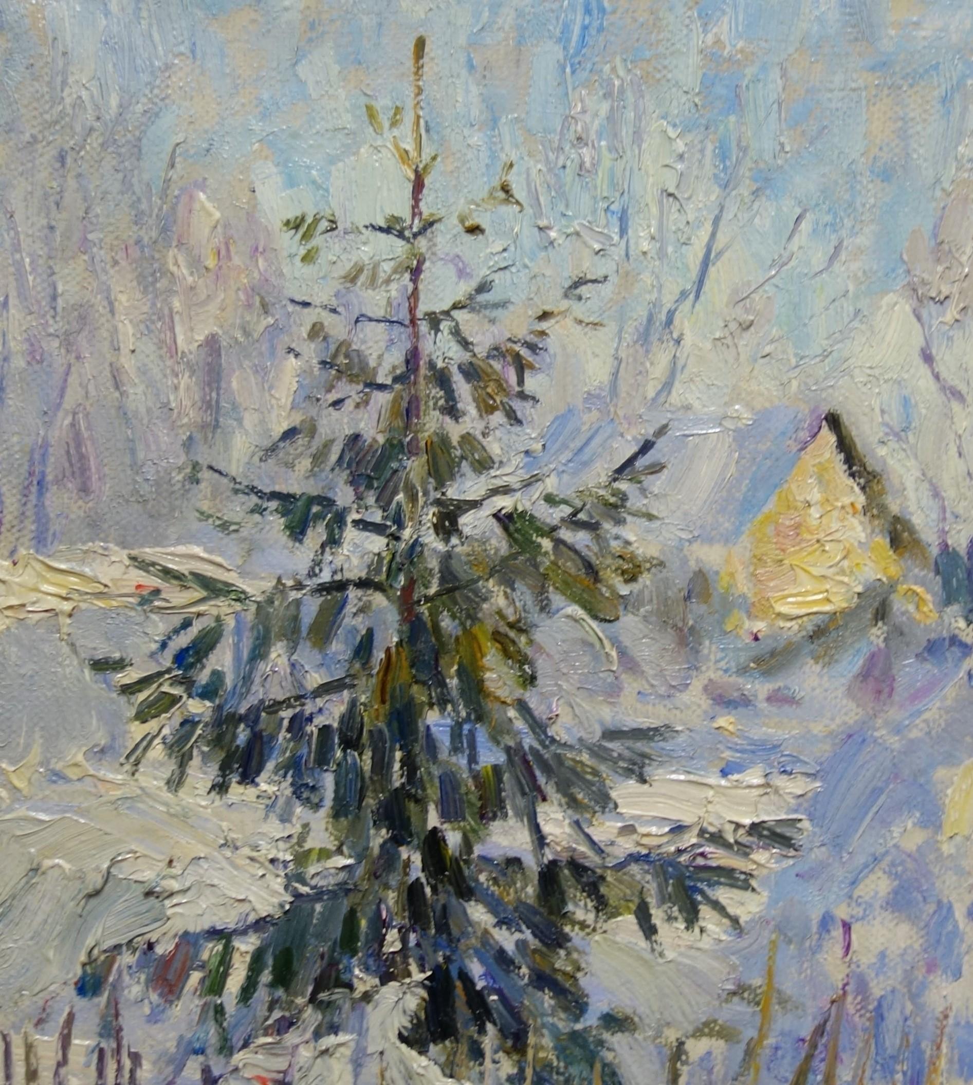 Winter , First sun , Snow - oil  cm. 44 x 44 2000 - Painting by Georgij Moroz