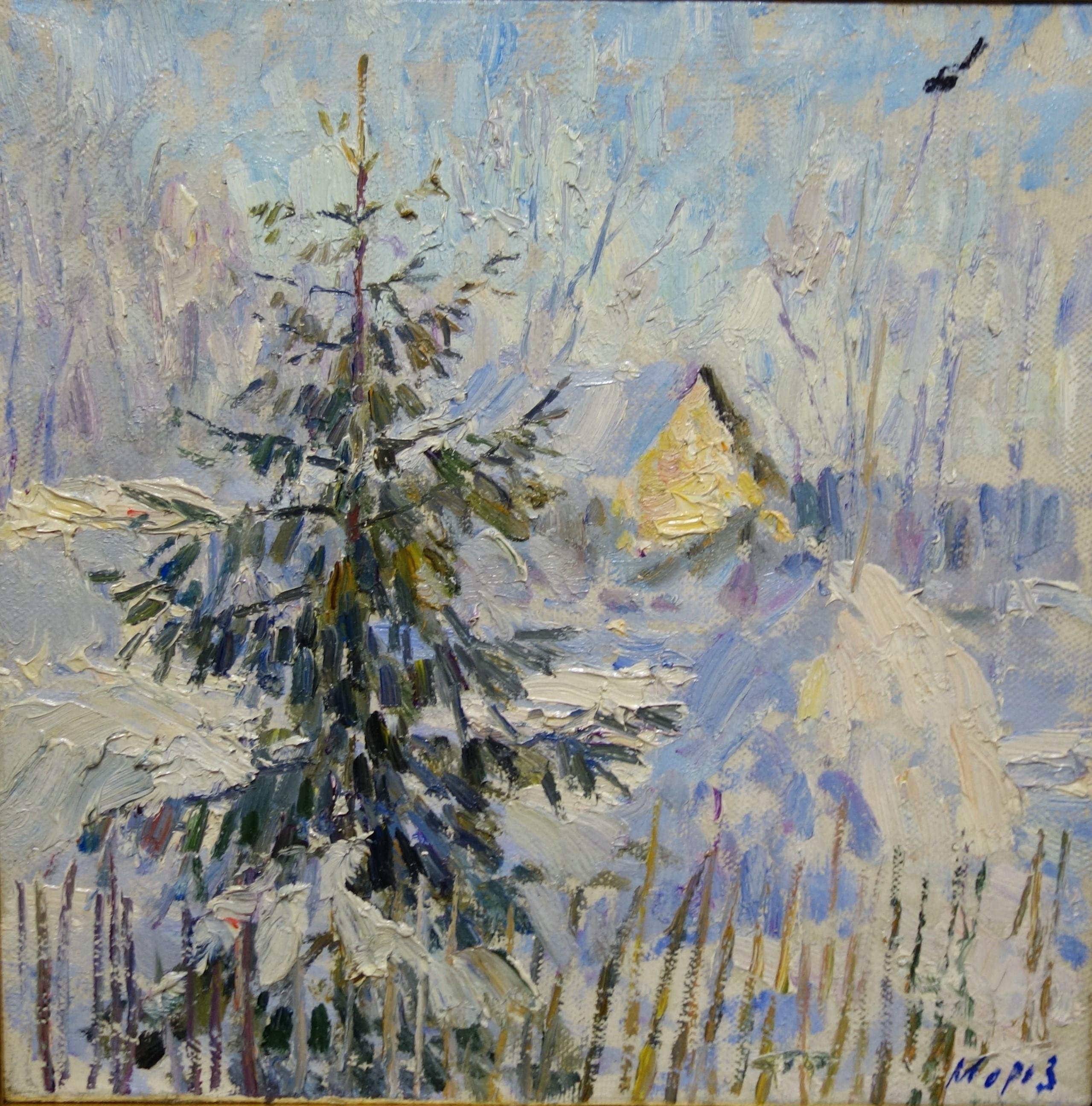 Georgij Moroz Landscape Painting - Winter , First sun , Snow - oil  cm. 44 x 44 2000