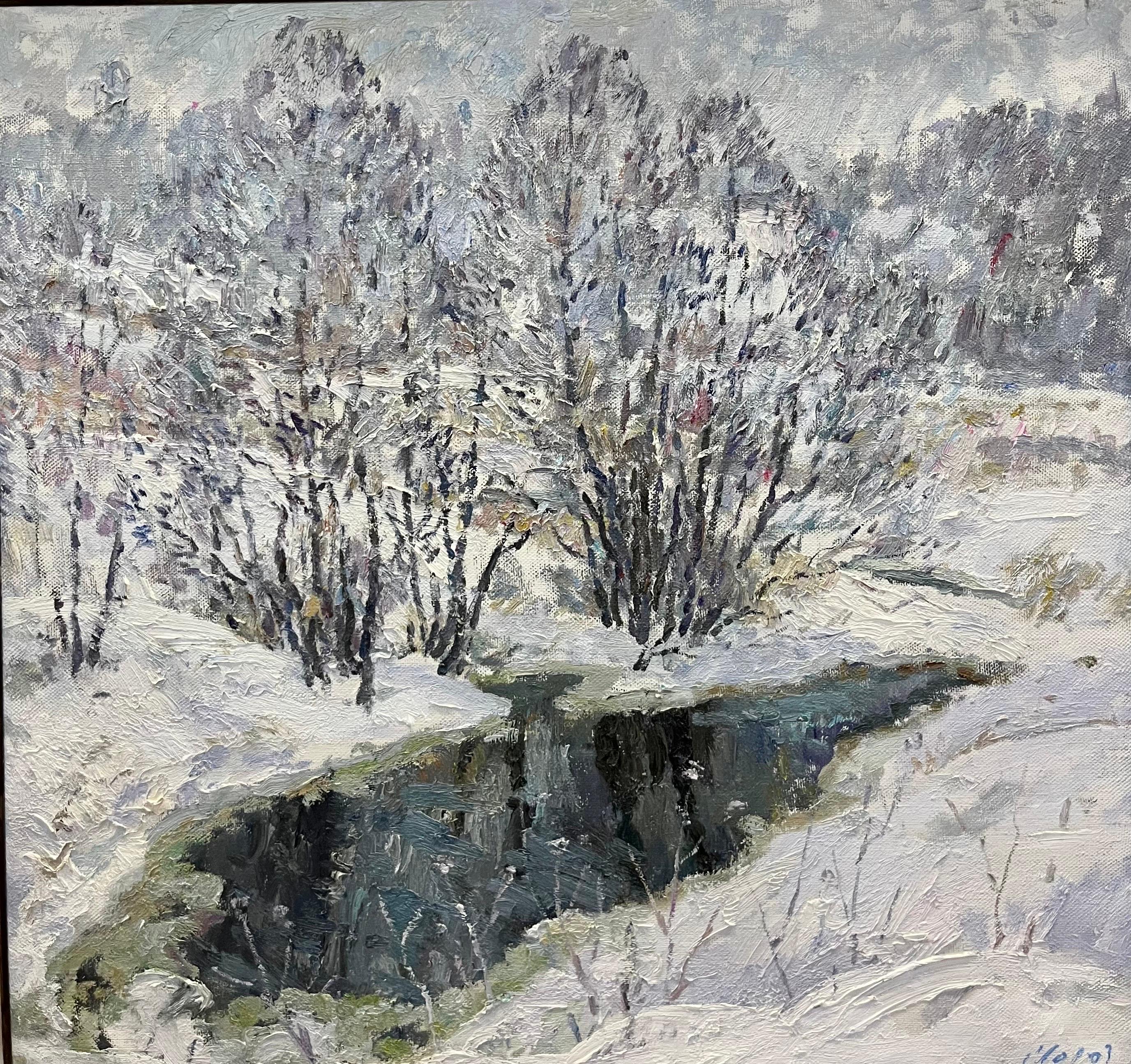 « Ruisseau d'hiver », huile cm. 88 x 84, Neige, hiver 2005  - Painting de Georgij Moroz