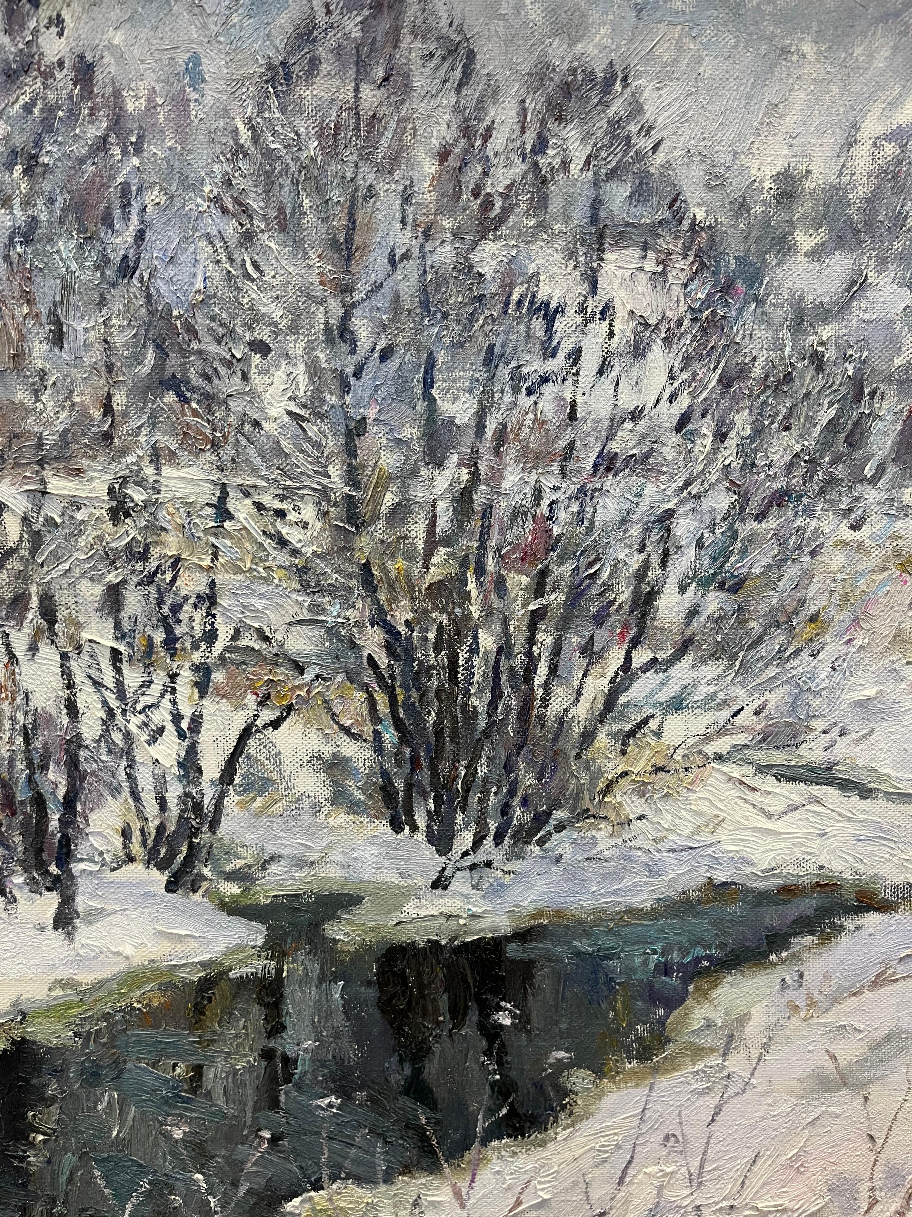 « Ruisseau d'hiver », huile cm. 88 x 84, Neige, hiver 2005  - Impressionnisme Painting par Georgij Moroz