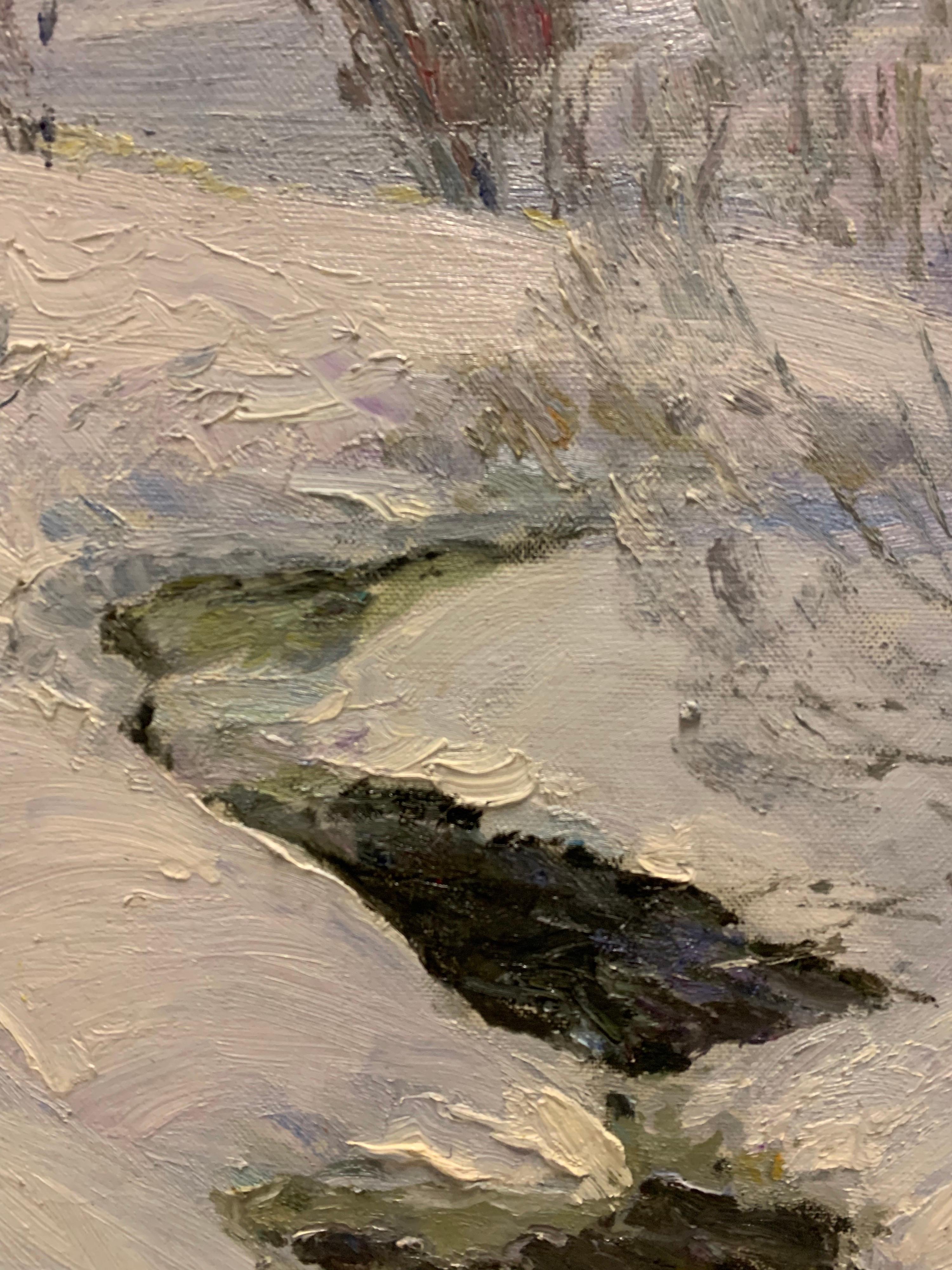 « Stream d'hiver » cm. 85 x 76 Neige, blanc, hiver - Painting de Georgij Moroz