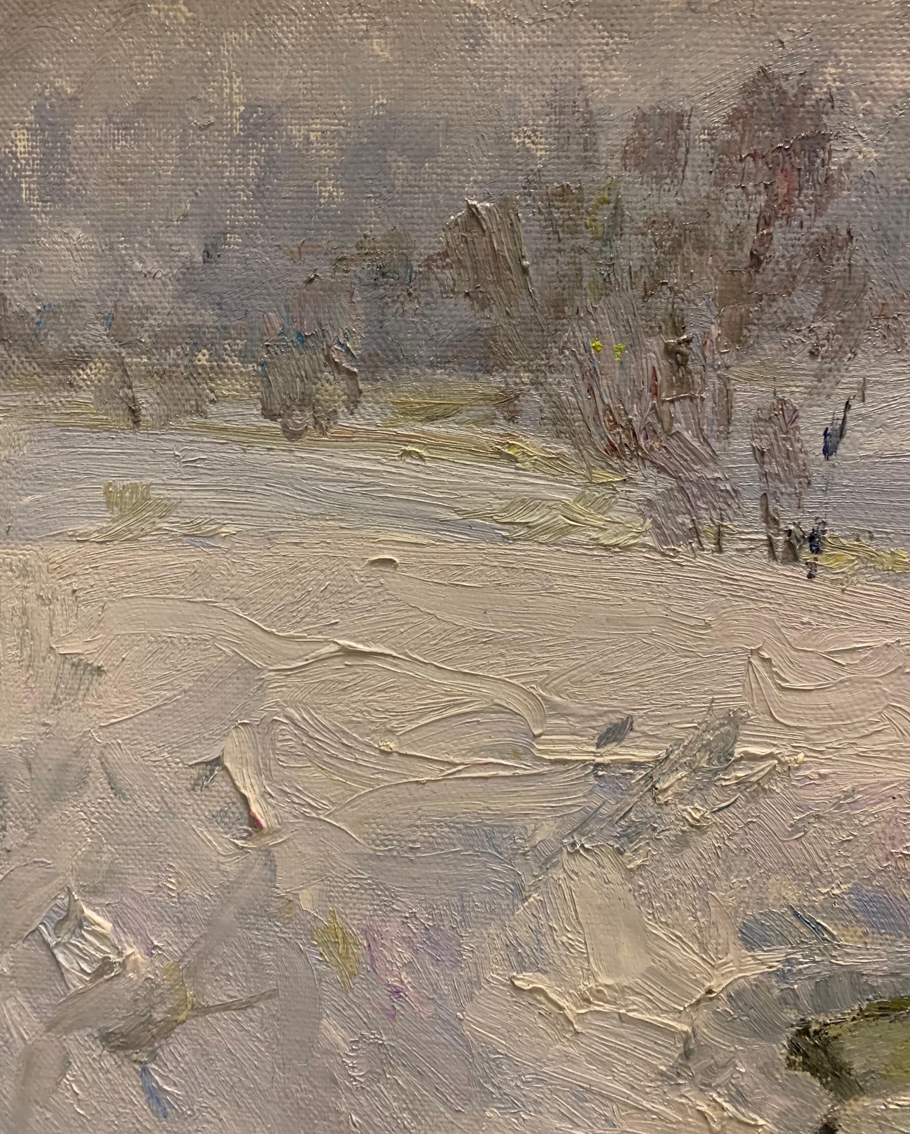 « Stream d'hiver » cm. 85 x 76 Neige, blanc, hiver - Impressionnisme Painting par Georgij Moroz