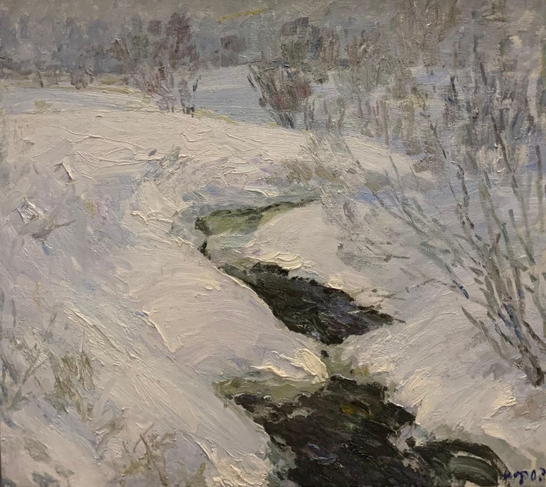 Georgij Moroz Figurative Painting - "Winter stream"Oil cm. 85 x 76 Snow, White, Winter
