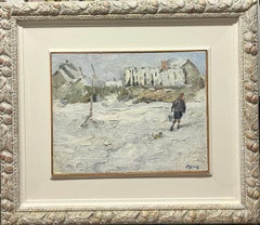 Vintage "Woman and dog on the snow"  Oil cm. 40 x 32   1977