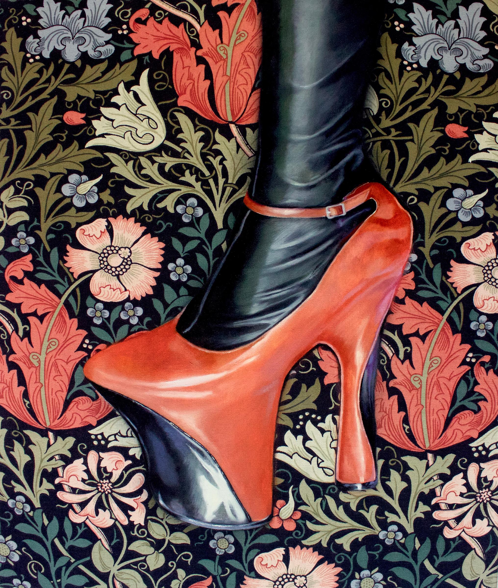 This vertical 19.5 inch high by 16.5 inch wide original oil painting on floral printed fabric is wired and ready to hang. The hyperrealistic detail in the is artwork is astounding. The main focus of the chic hyperrealist stiletto anchors the image