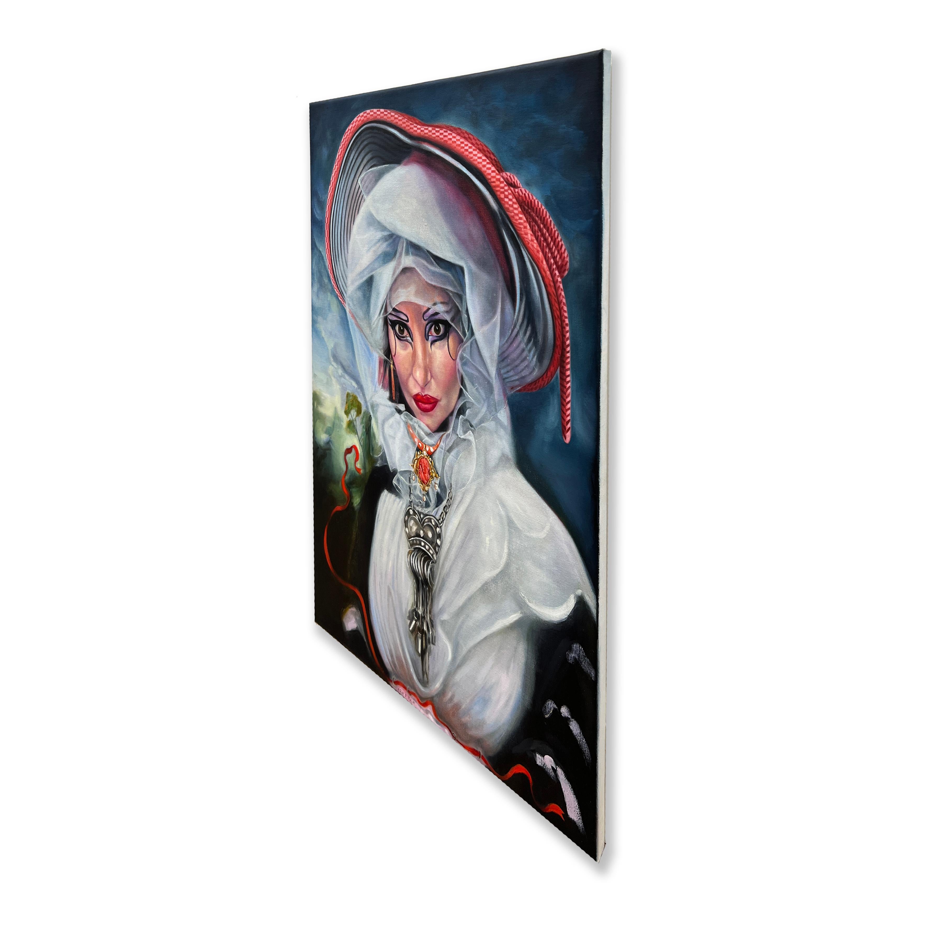 This small vertical 31 inch high by 23.5 inch wide original oil painting on canvas is wired and ready to hang. The detail in this artwork is astounding. From the gaze and makeup details around the eyes to the the ornate jewelry, Princess Julia is