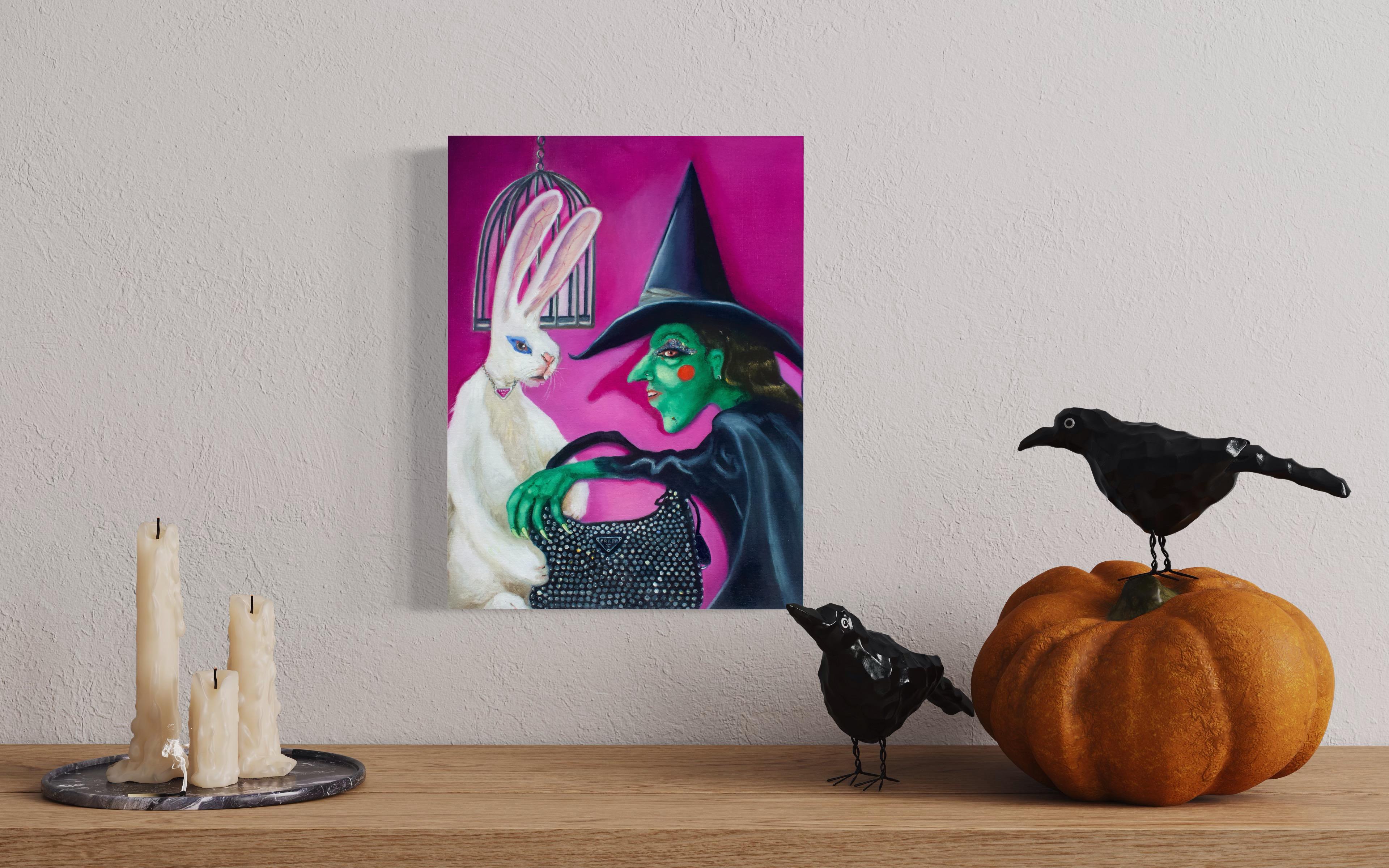 This small vertical 15.5 inch high by 11.5 inch wide original oil painting on canvas is wired and ready to hang. This playful image features the Wicked Witch of Oz and the Easter Bunny buying Prada merchandise on the iconic Rodeo Drive in Beverly