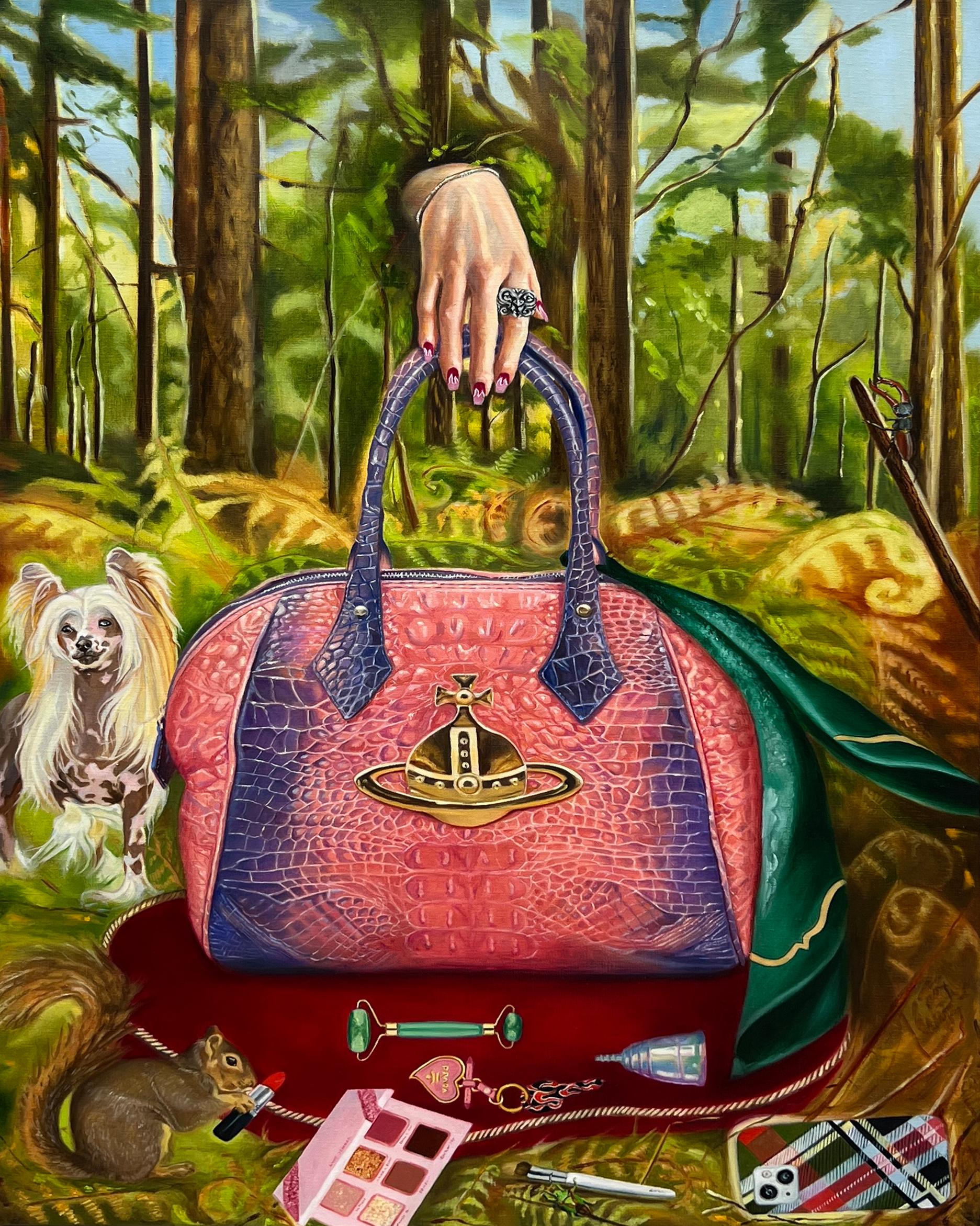 Still-Life Painting Georgina Clapham - « Vénus et Mars » - Peinture surréaliste de sac à main de luxe de Vivienne Westwood