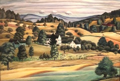 AUGUST LANDSCAPE Woodstock Peinture à l'huile moderniste WPA - Scène historique américaine