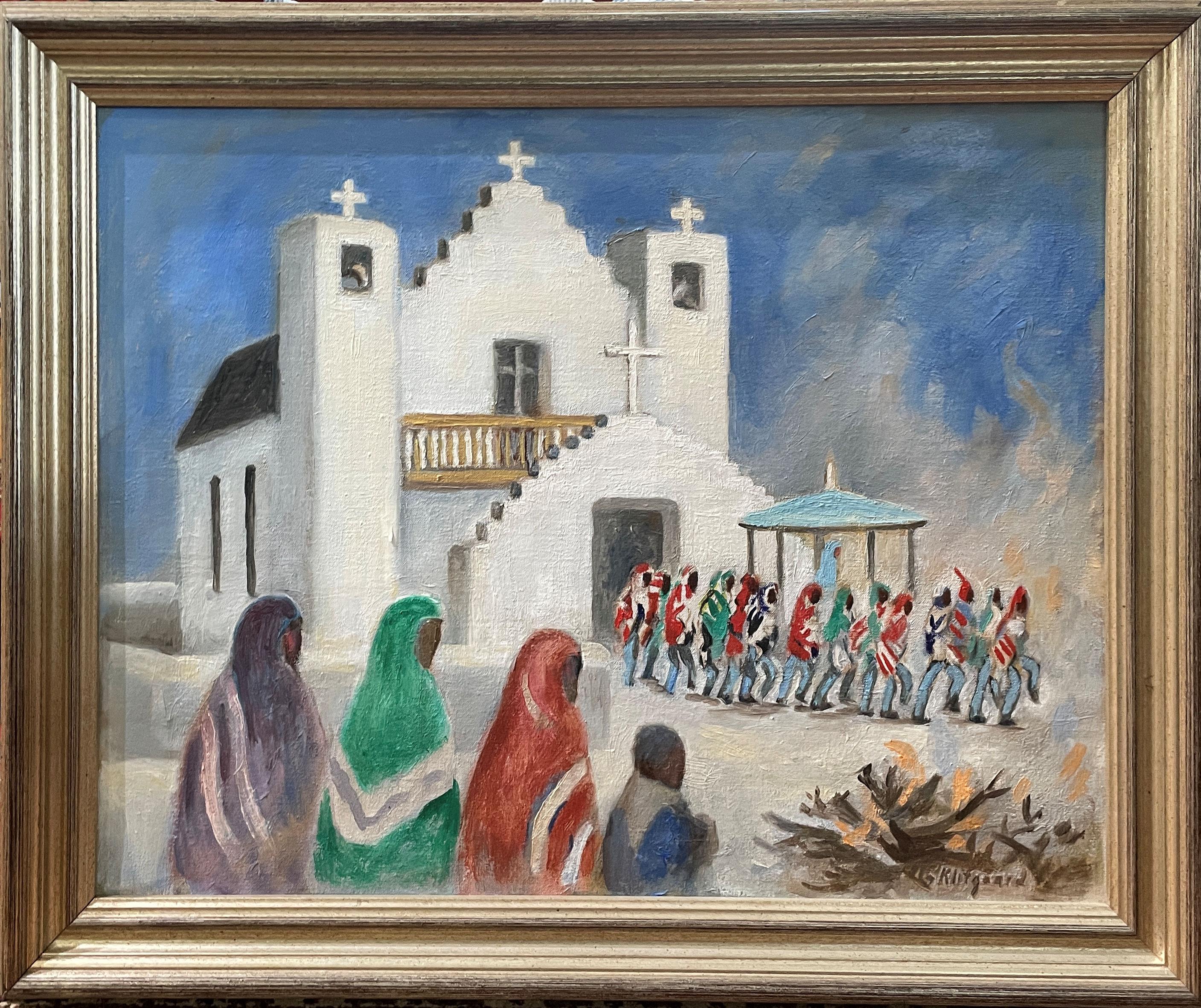 Pueblo-Indianer, Taos, New Mexico, Georgia Klitgaard, Landschaft im Sdwesten – Painting von Georgina Klitgaard