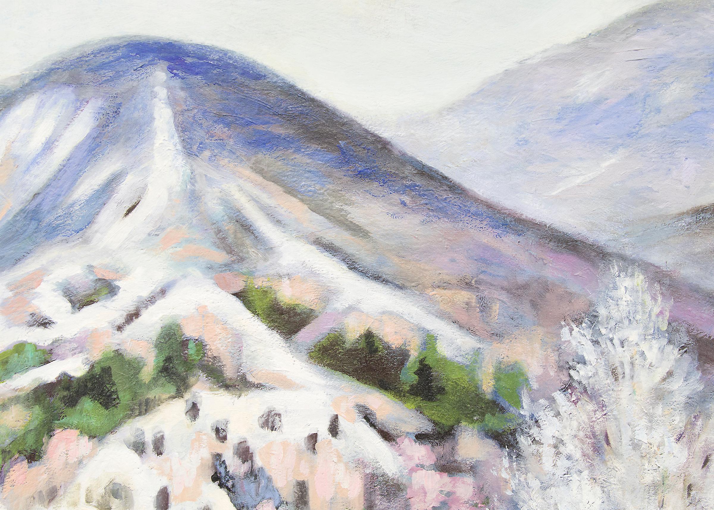 Sangre de Cristo-Szene, gerahmtes Ölgemälde, Taos, New Mexico, Berglandschaft (Beige), Landscape Painting, von Georgina Klitgaard