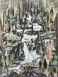 Vintage Waterfall Bearsville NY Landscape Social Realism Mid 20th Century Modern Cubism