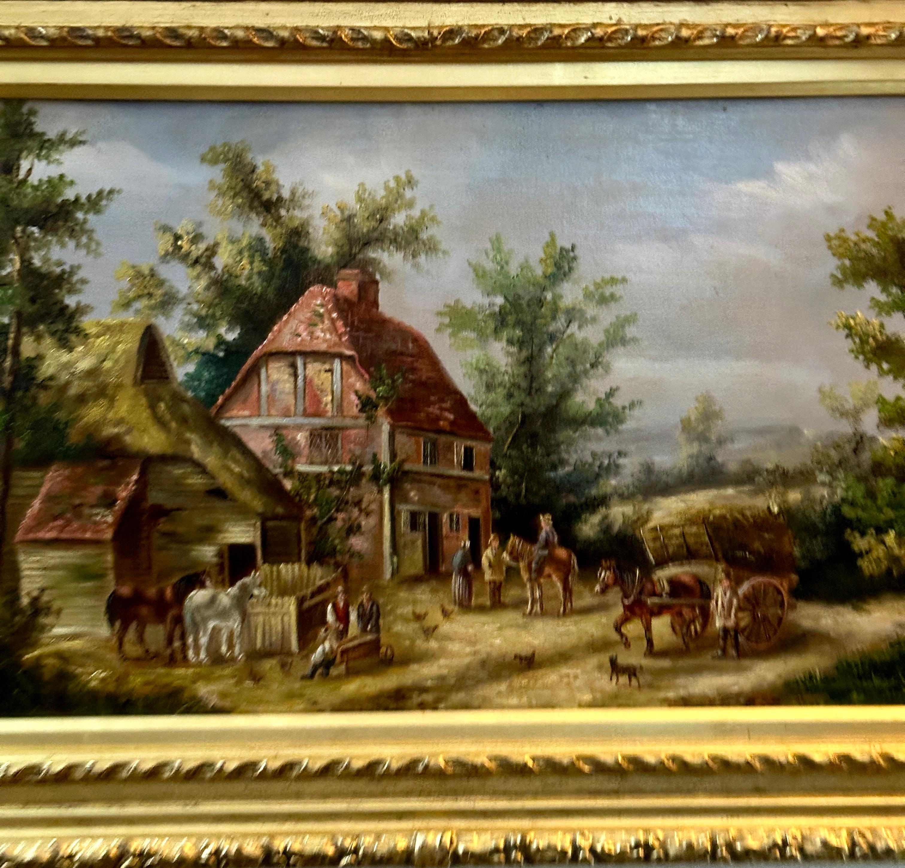 19th century English village scene with cottages, horses landscape and people - Painting by Georgina Lara