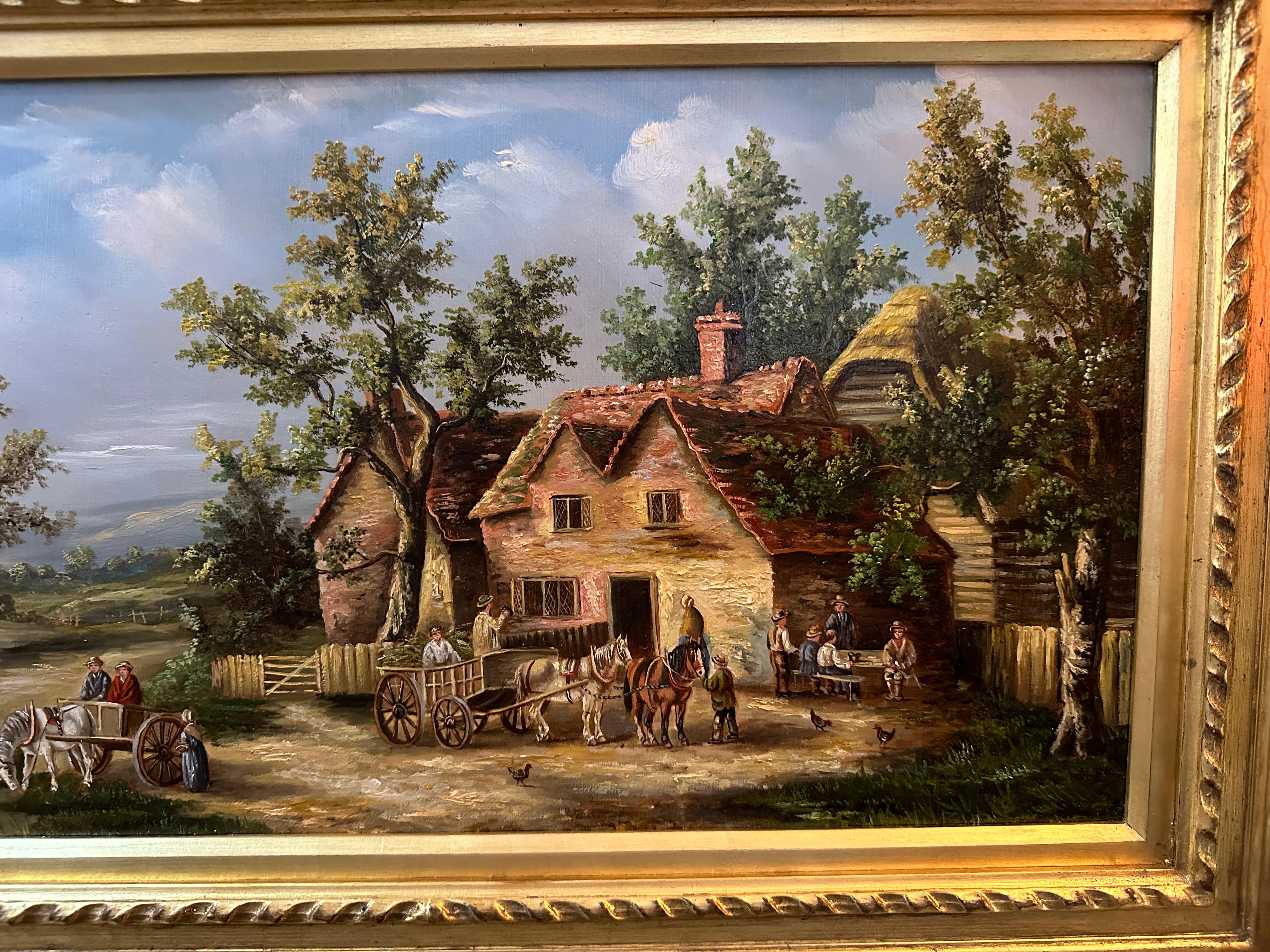 Escena de pueblo inglés del siglo XIX con casitas, caballos, paisaje y gente - Painting de Georgina Lara