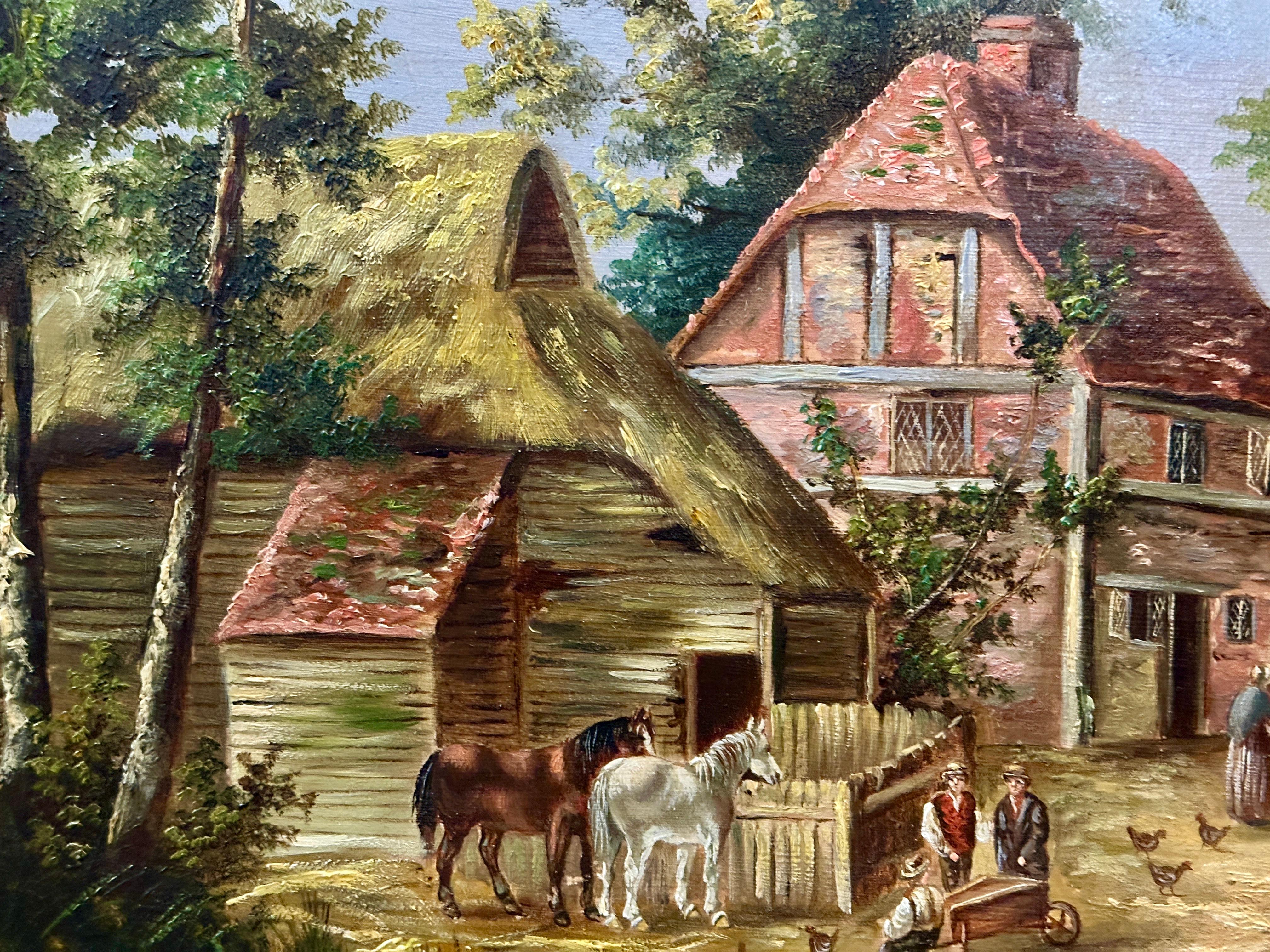 19th century English village scene with cottages, horses landscape and people - Victorian Painting by Georgina Lara