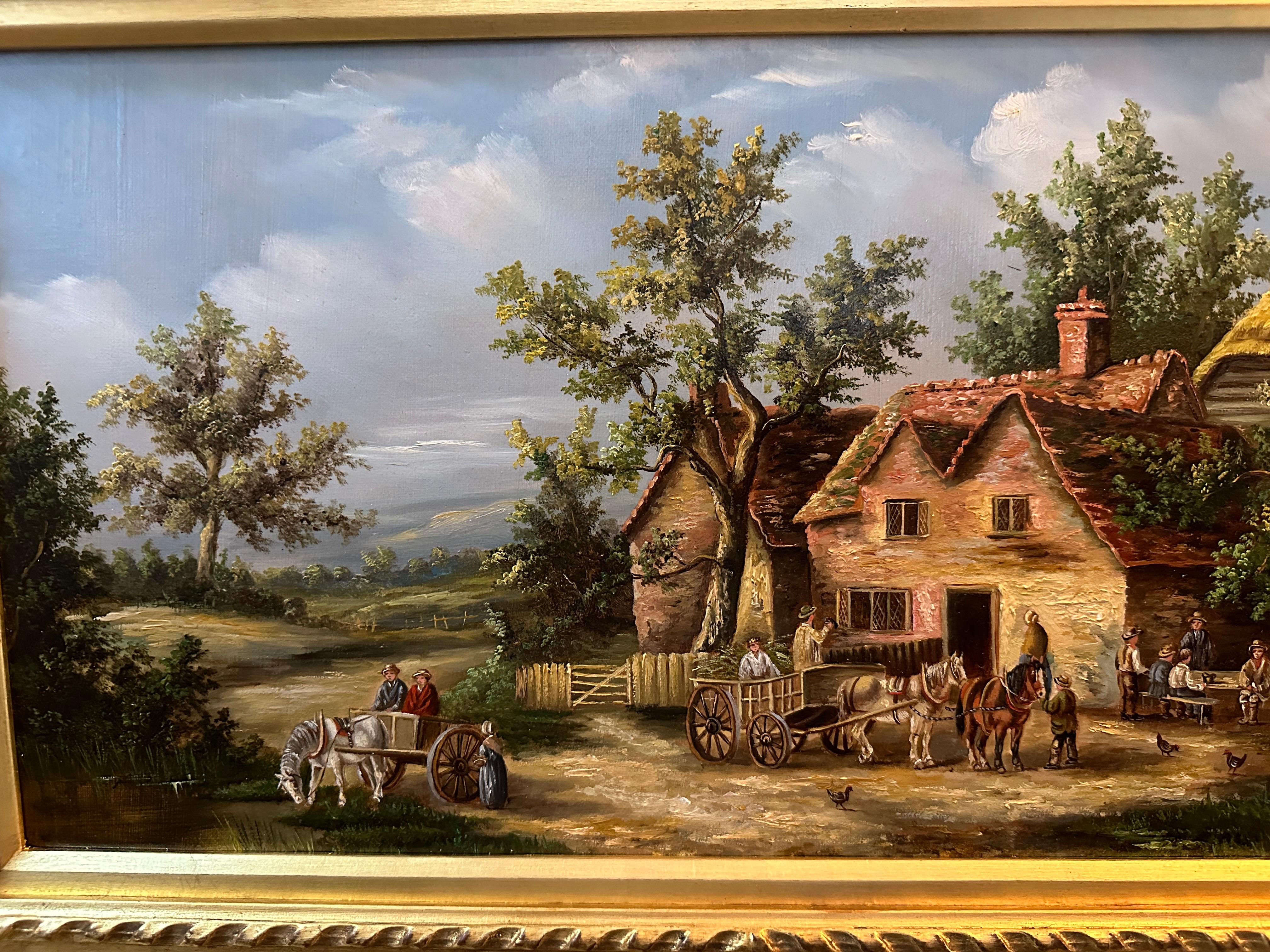 19th century English village scene with cottages, horses landscape and people - Victorian Painting by Georgina Lara