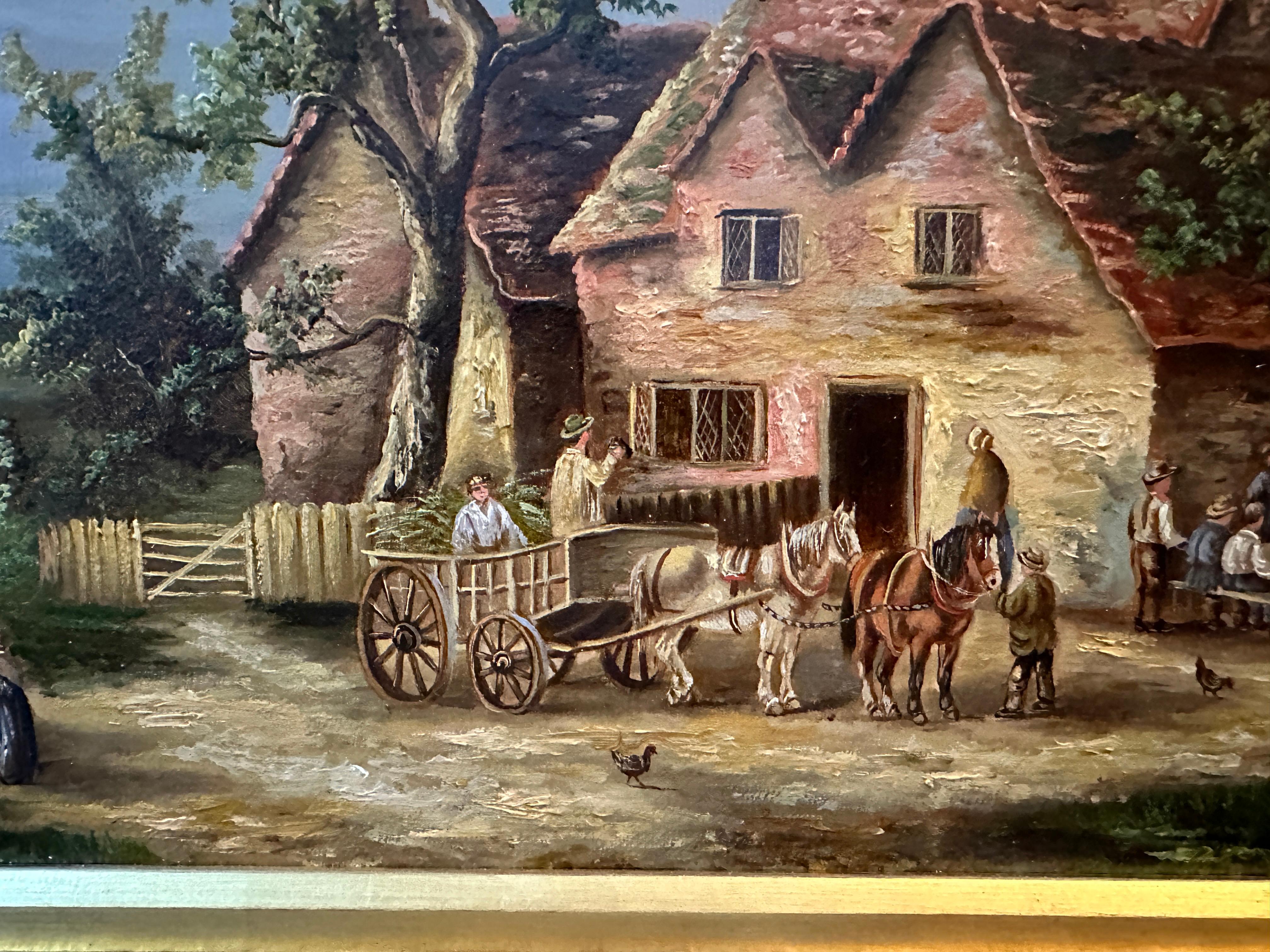 Scène de village anglaise du 19e siècle avec cottages, chevaux et personnes en vente 1