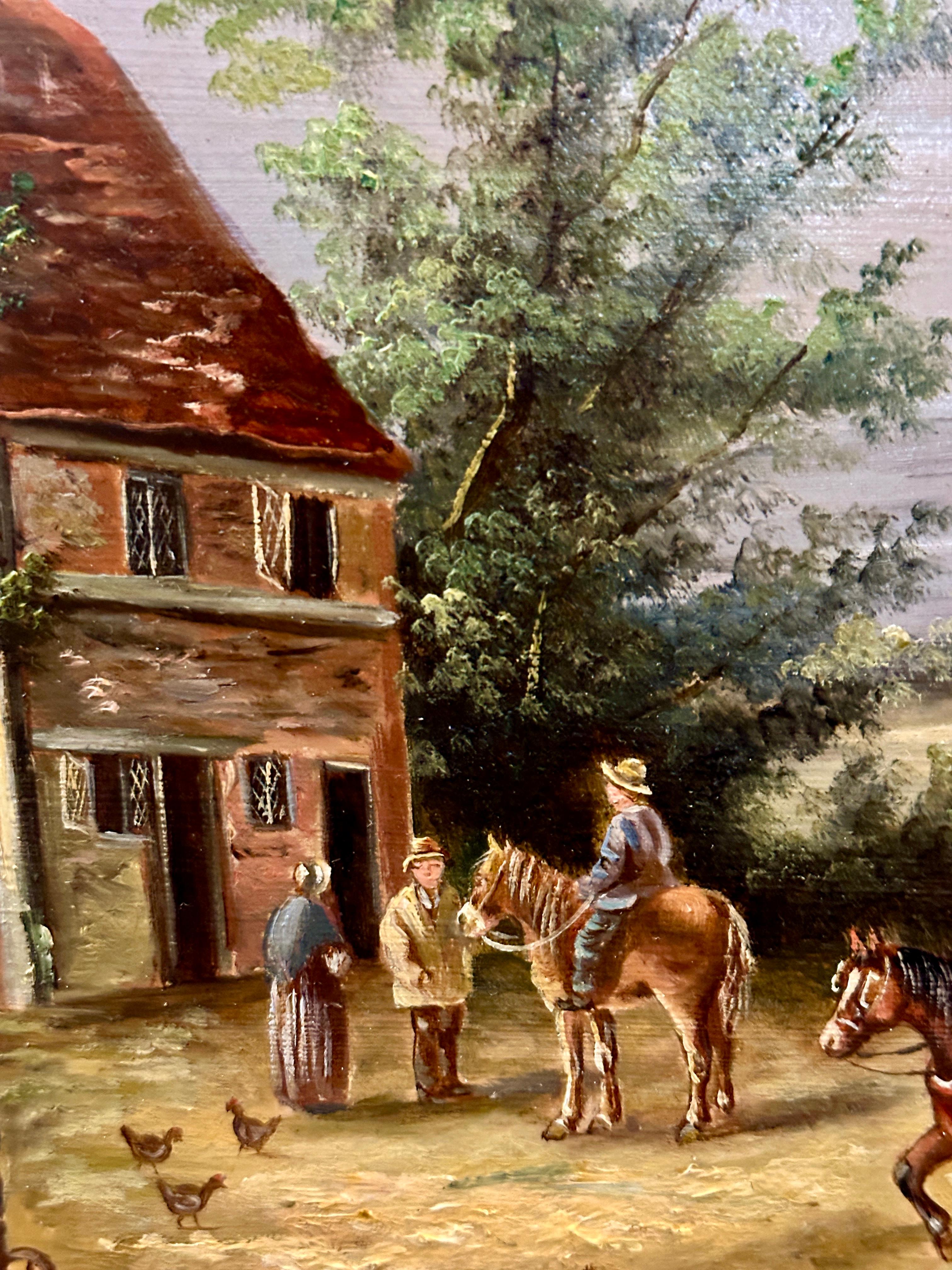 Scène de village anglaise du 19e siècle avec cottages, chevaux et personnes en vente 2