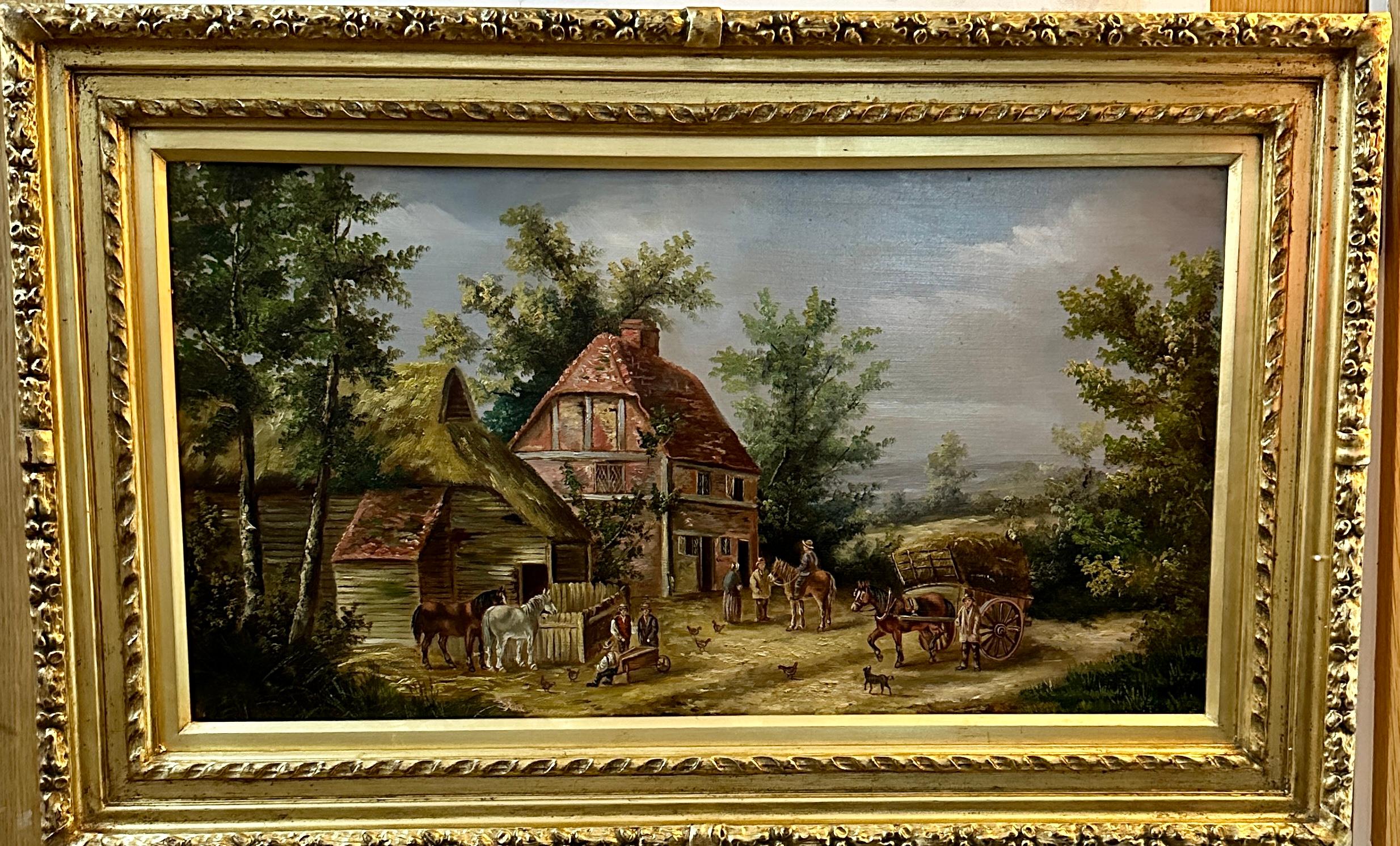 Figurative Painting Georgina Lara - Scène de village anglaise du 19e siècle avec cottages, chevaux et personnes