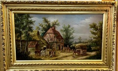 19th century English village scene with cottages, horses landscape and people