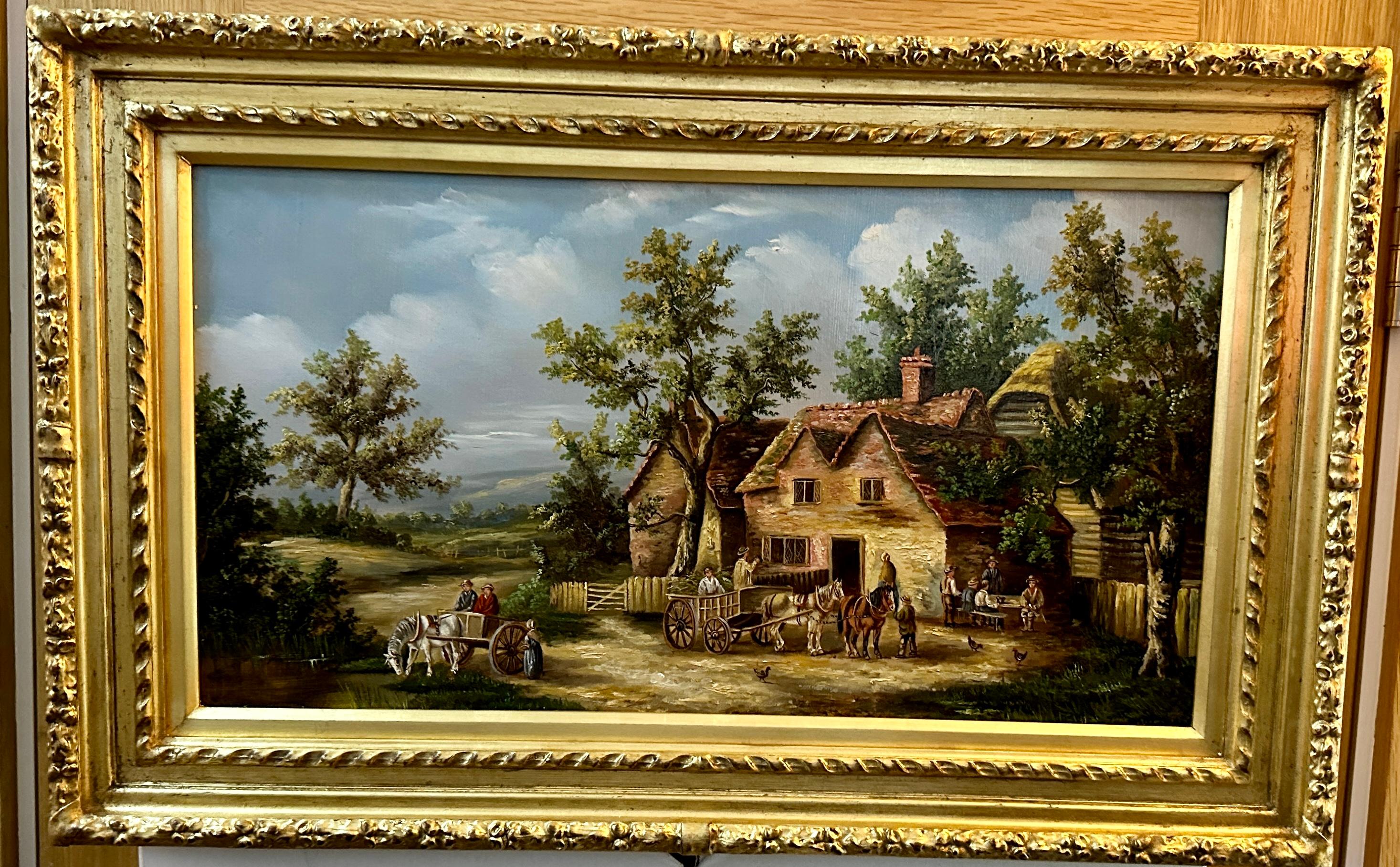 Scène de village anglaise du 19e siècle avec cottages, chevaux et personnes