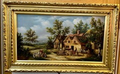 19th century English village scene with cottages, horses landscape and people