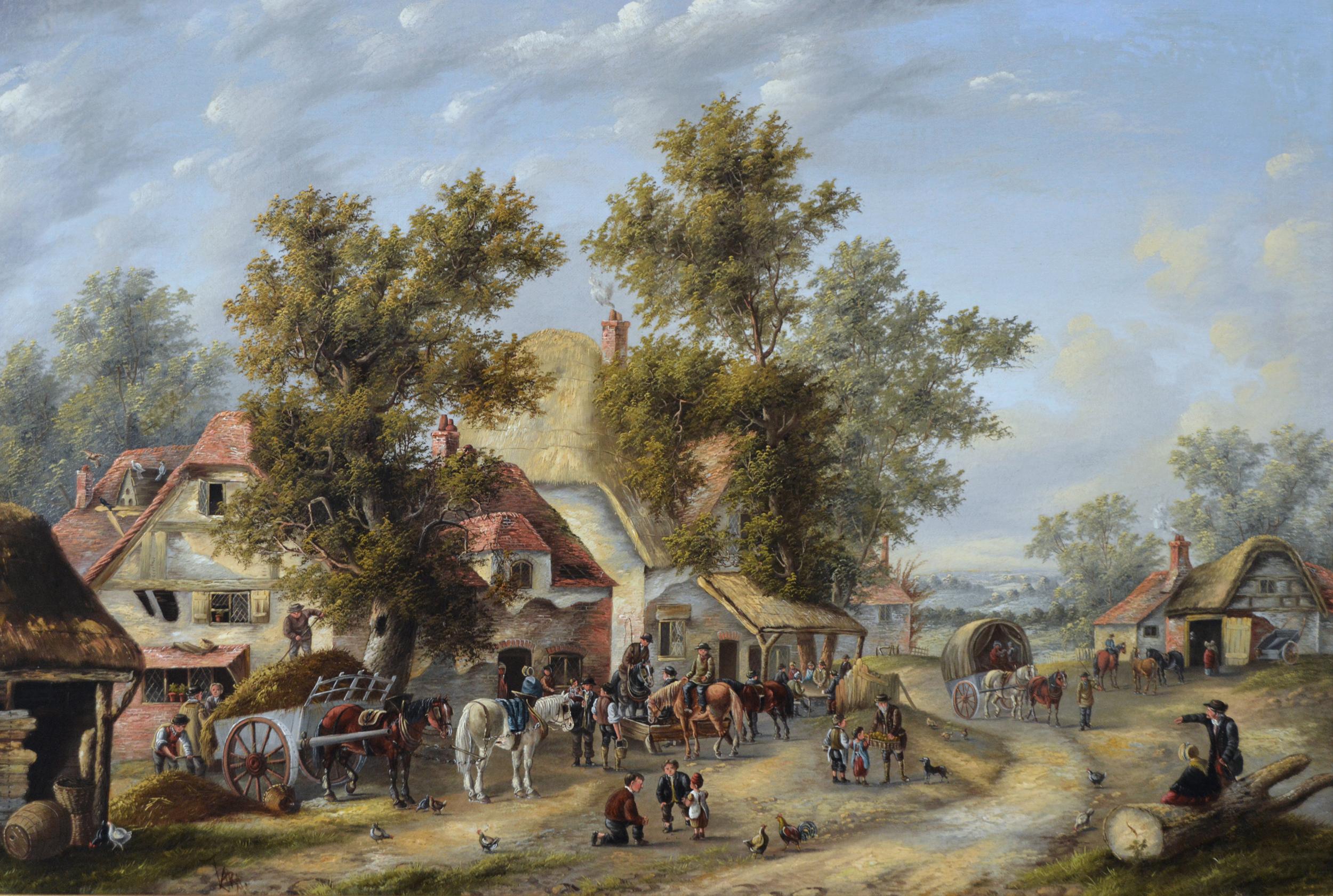 19th Century landscape oil painting of a busy village - Painting by Georgina Lara