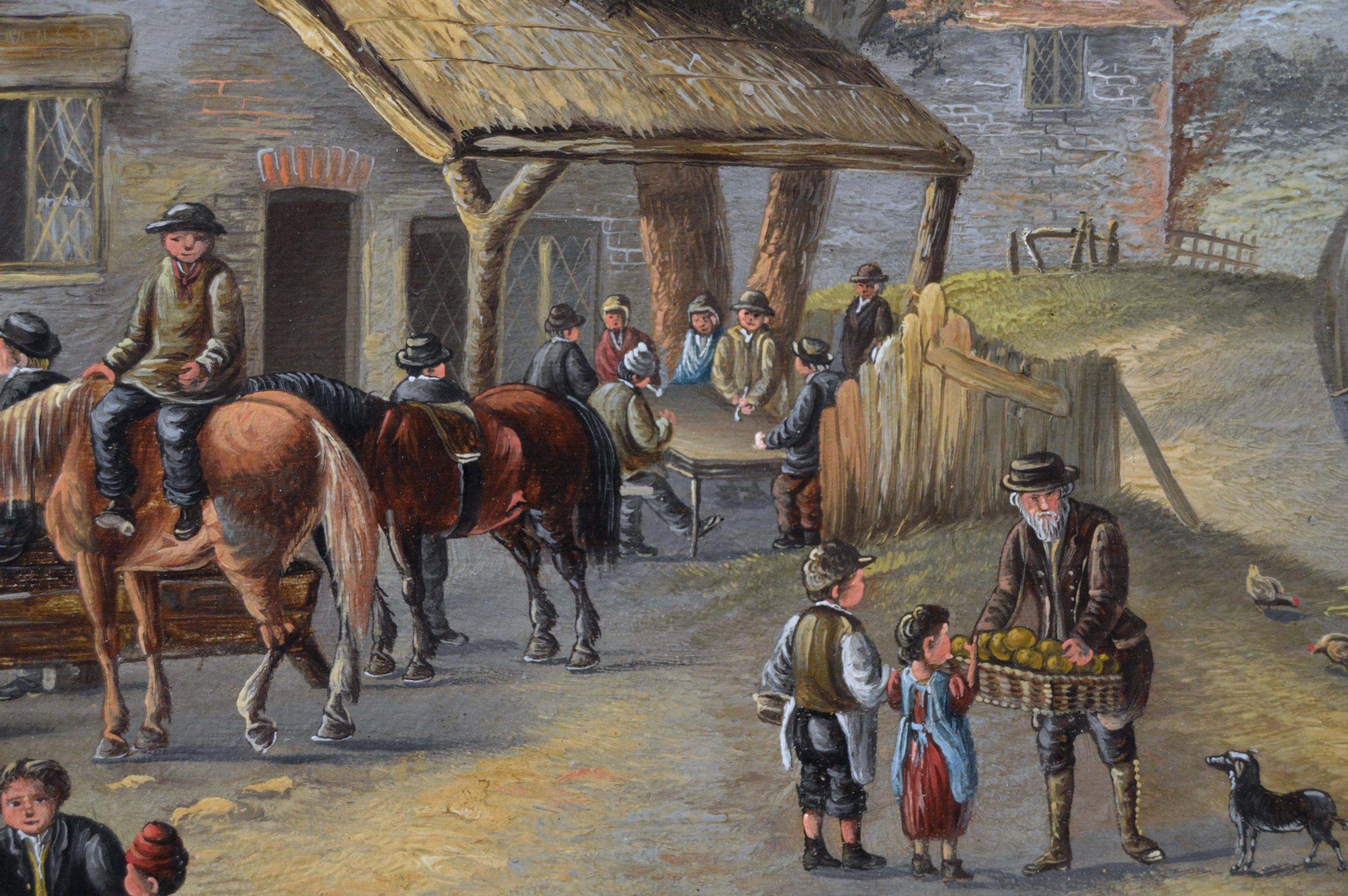 19th Century landscape oil painting of a busy village - Victorian Painting by Georgina Lara