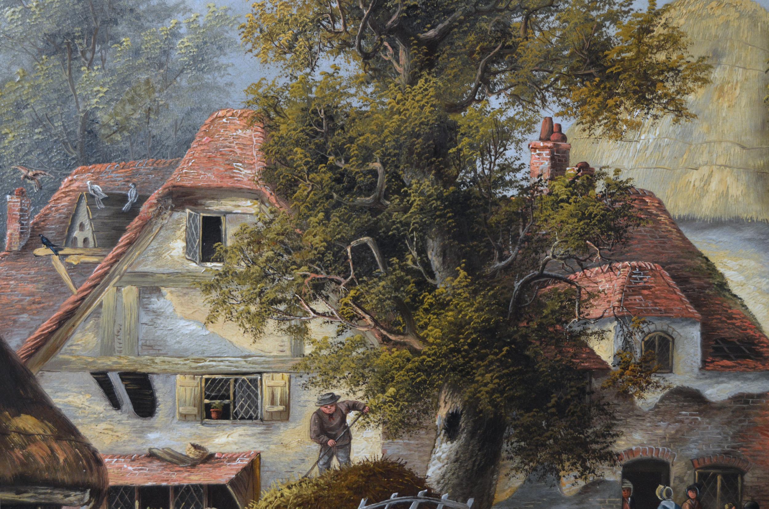 Landschafts-Ölgemälde eines belebten Dorfes aus dem 19. Jahrhundert im Angebot 2