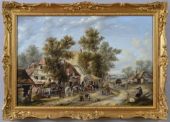 19th Century landscape oil painting of a busy village