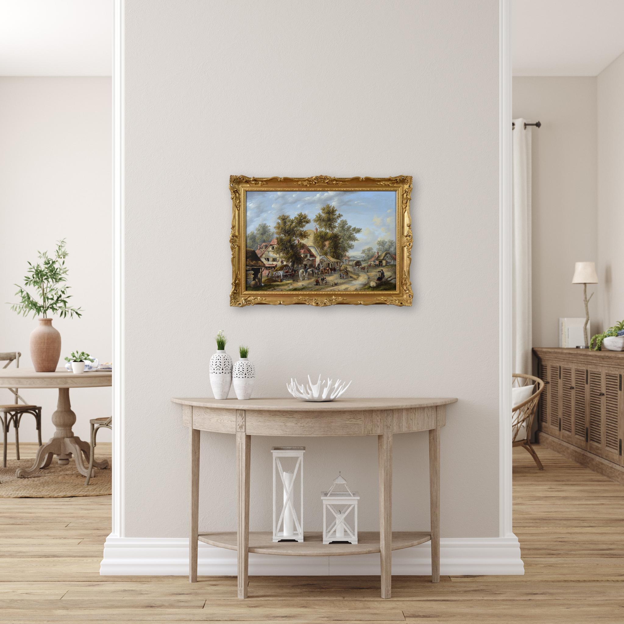 Paesaggio del XIX secolo dipinto a olio di un villaggio con figure e animali in vendita 7