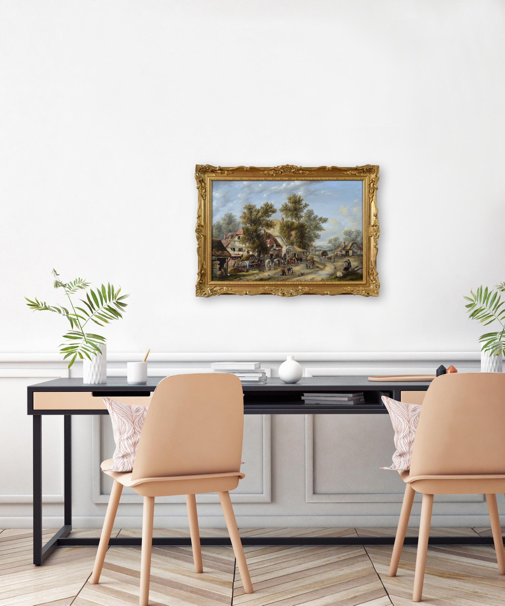 Paesaggio del XIX secolo dipinto a olio di un villaggio con figure e animali in vendita 5