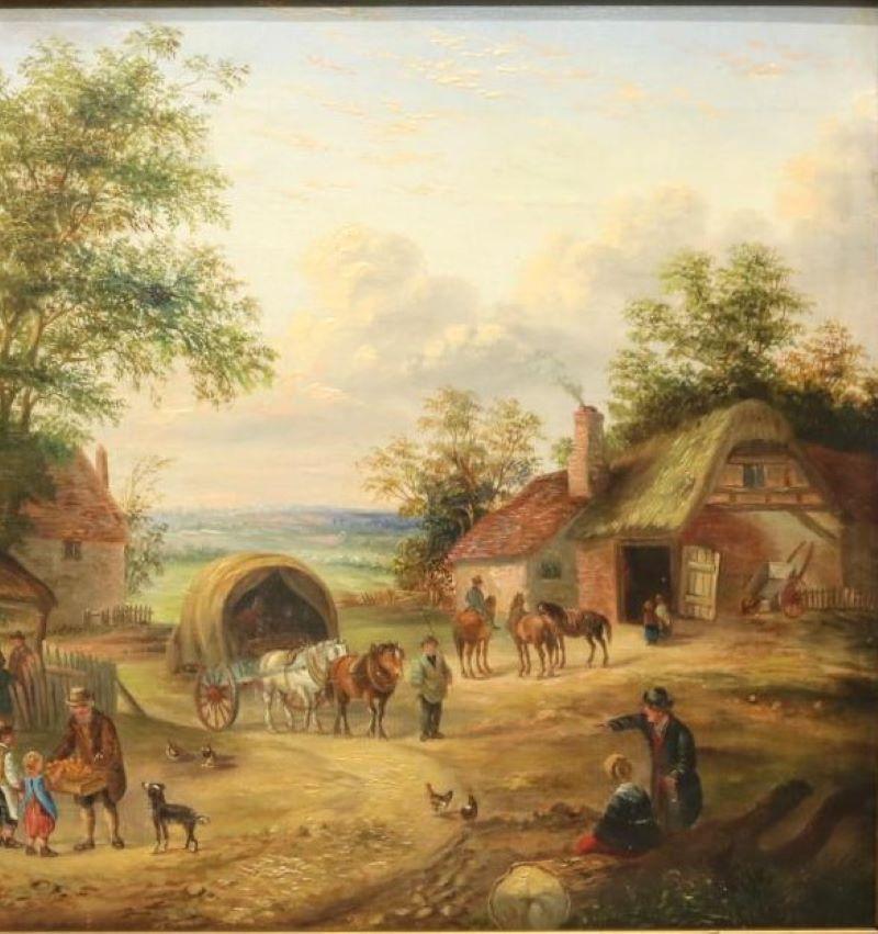 19th century landscape  village scene horses, animals  inn  by georgina lara - Old Masters Painting by Georgina Lara