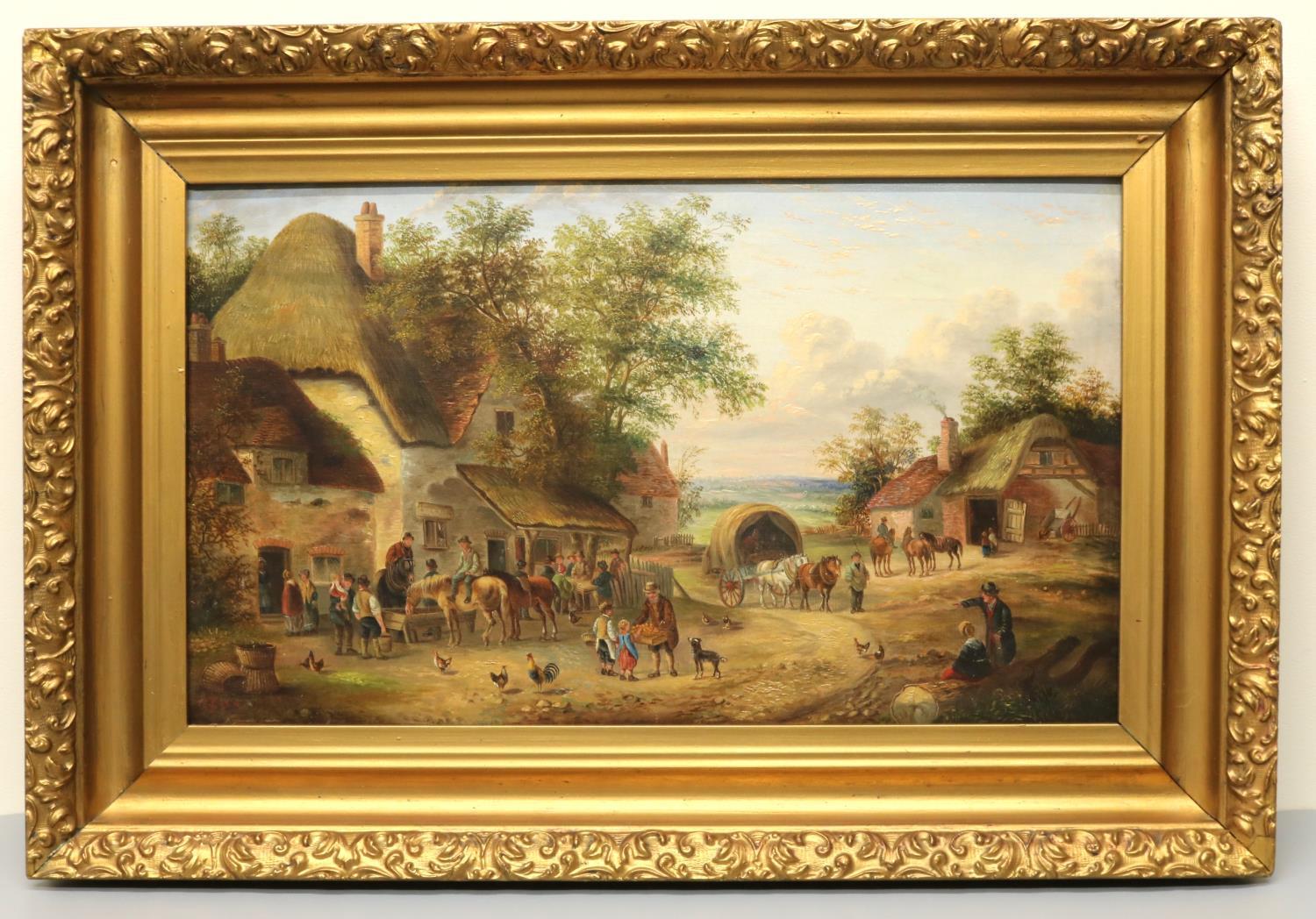 19th century landscape  village scene horses, animals  inn  by georgina lara