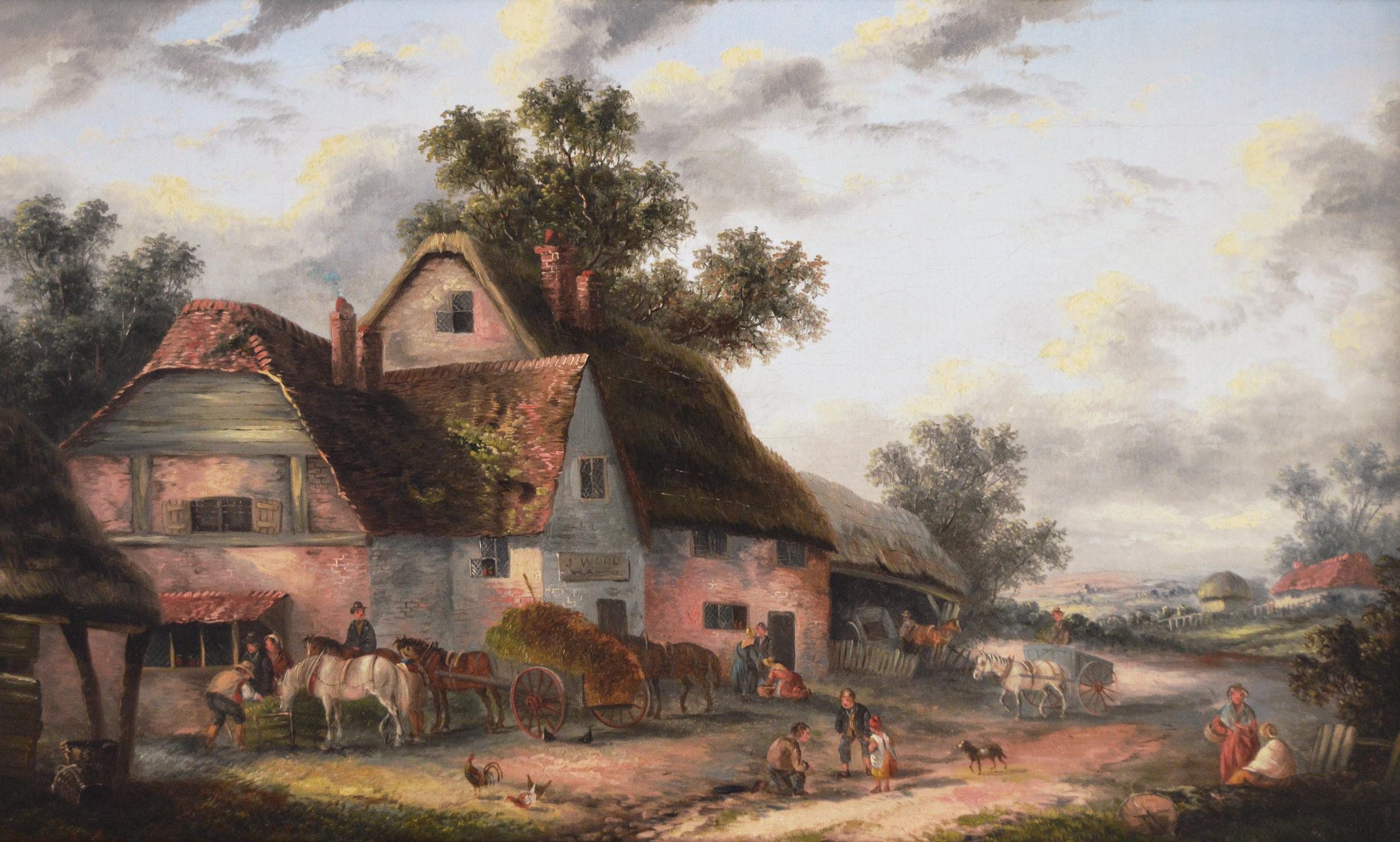 19th Century landscape oil painting of a village - Painting by Georgina Lara