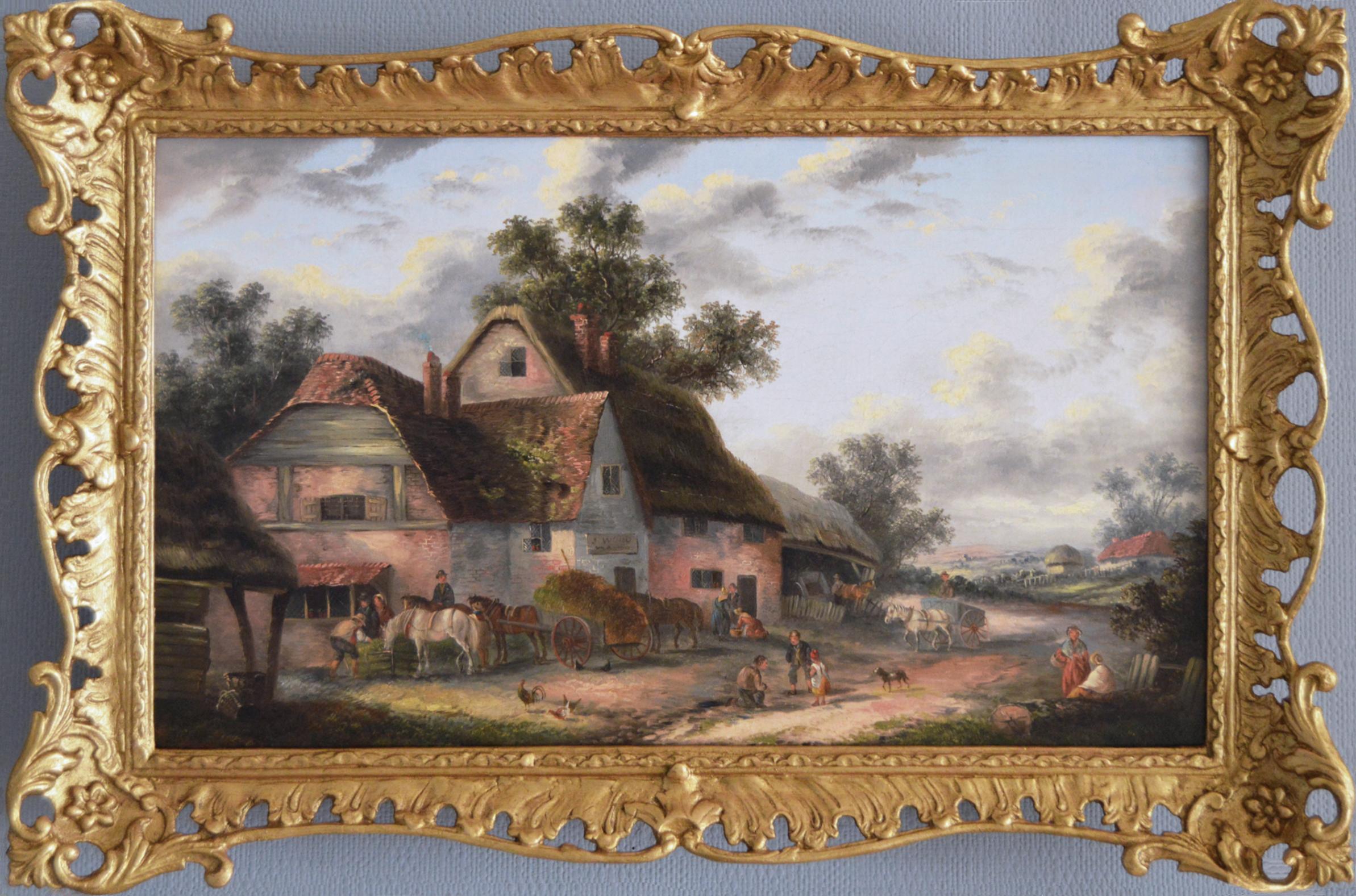 Paesaggio del XIX secolo dipinto ad olio di un villaggio