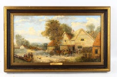 Antique Fine Victorian Oil Painting Figures & Animals outside Country Tavern Inn