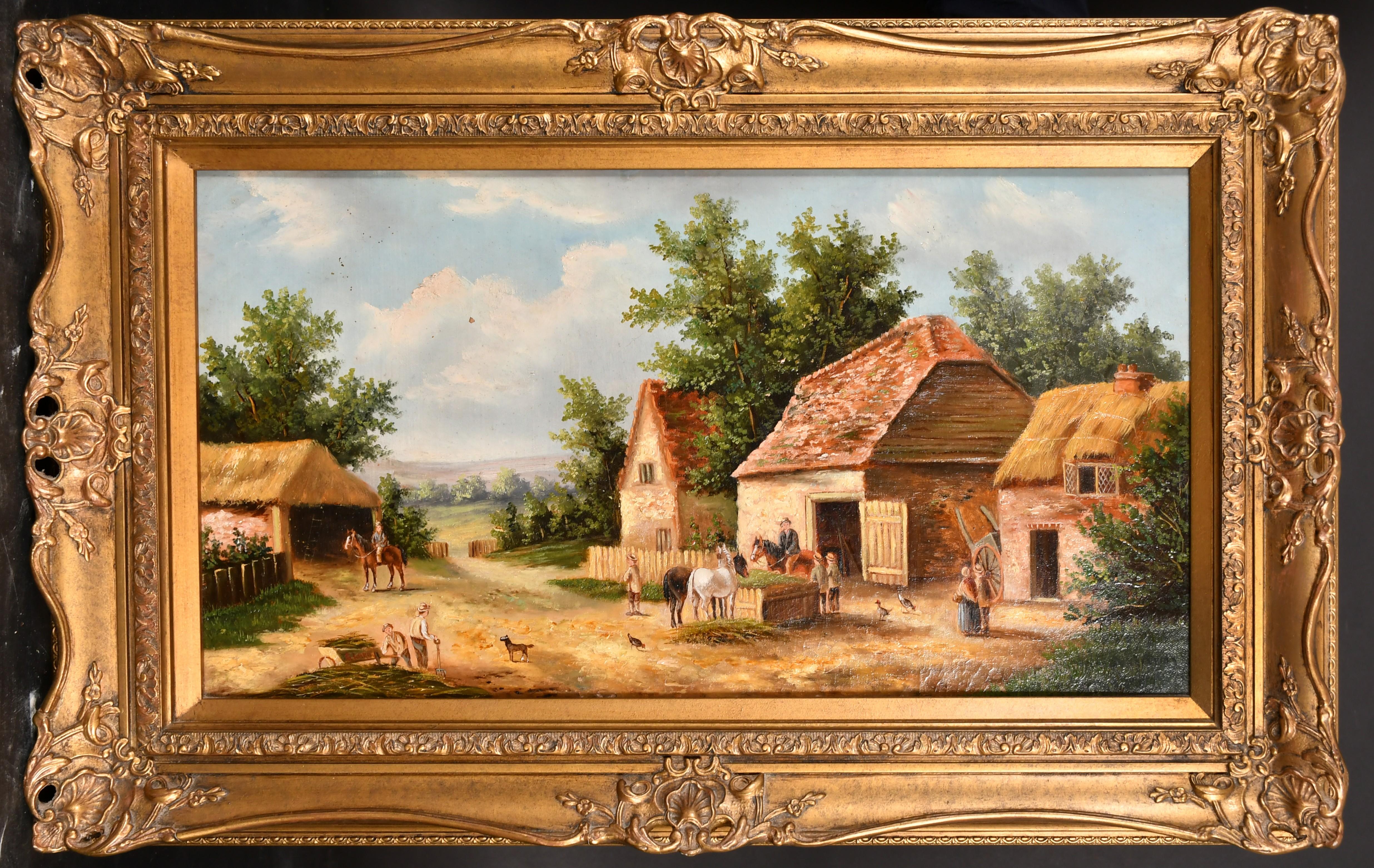Animal Painting Georgina Lara - Georgina LARA Peinture à l'huile du 19e siècle paysage scène de ferme