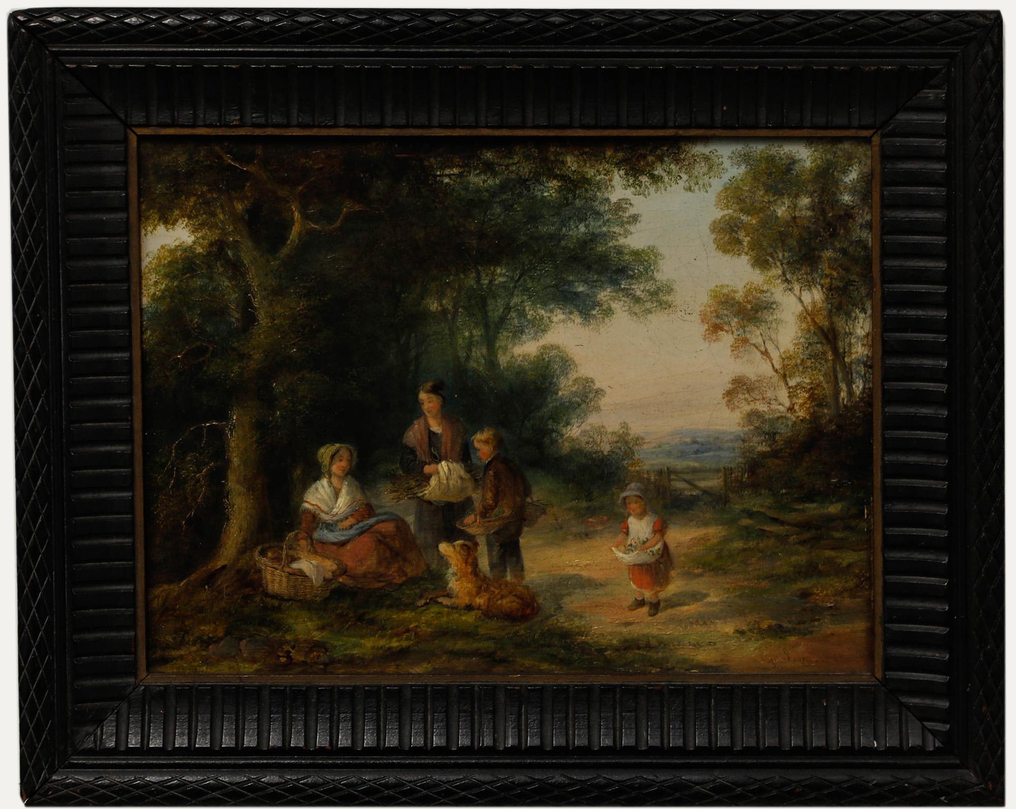 The Faggot Gatherers, oil on canvas. Signed to the lower right and dated 1868. Presented in an attractive black frame with carved running details. 