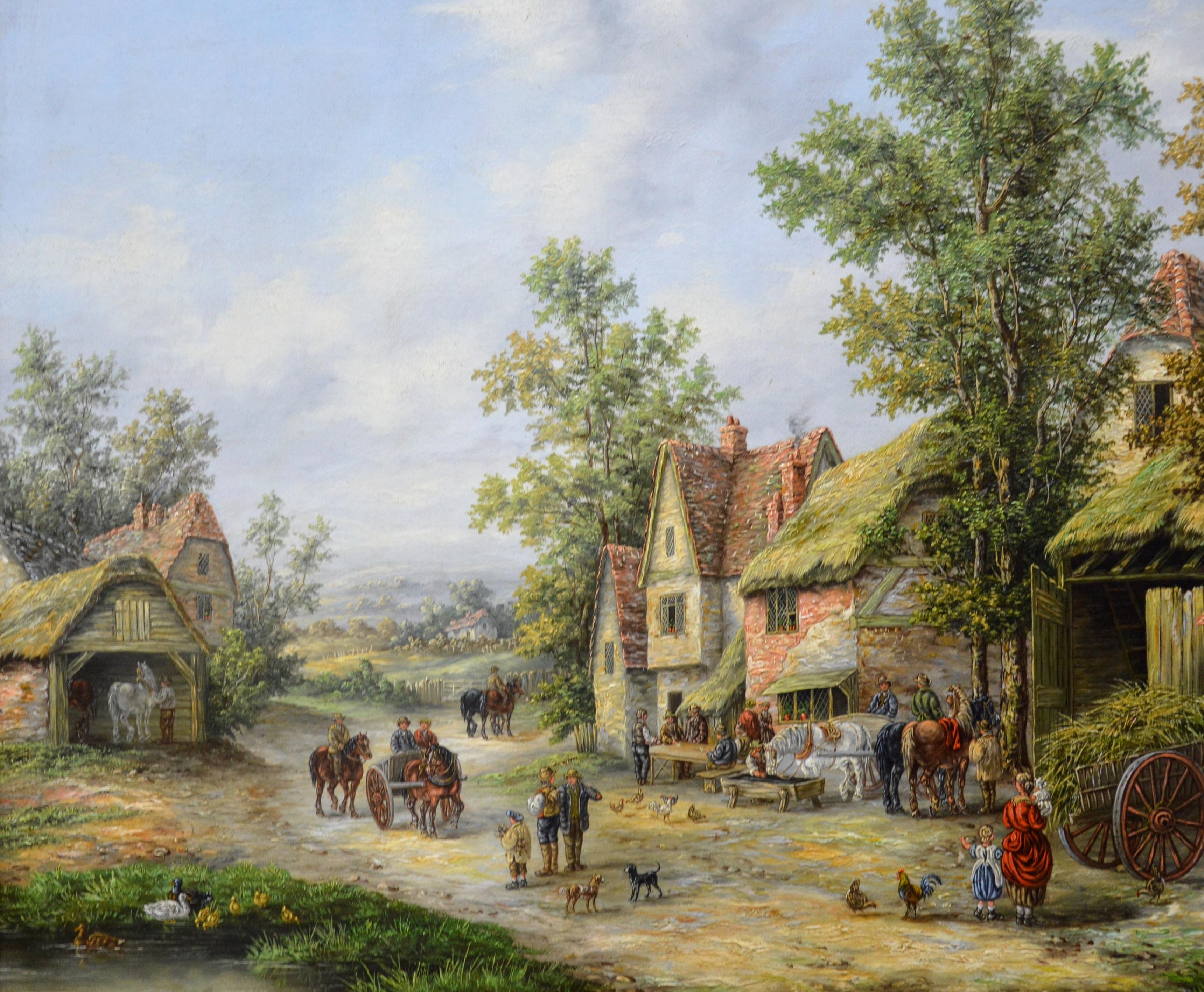 Midsummer - 19th Century Landscape Oil Painting of Victorian Village - Brown Animal Painting by Georgina Lara