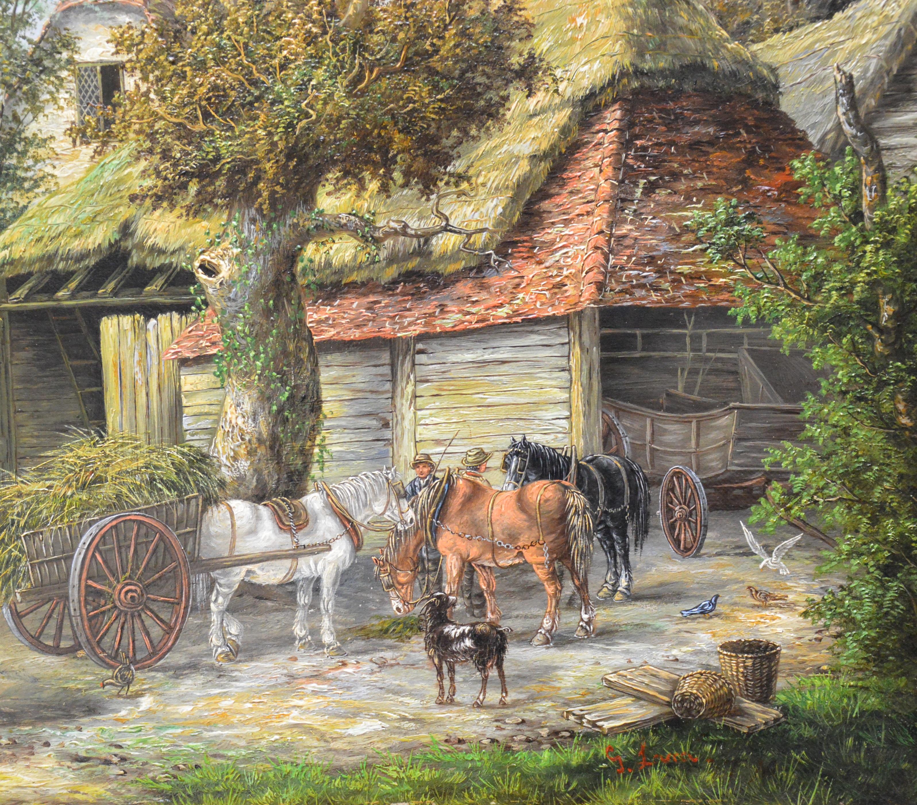 A large fine 19th century landscape oil on canvas depicting many figures and animals in a small Victorian village in ‘Midsummer’ by the very popular landscape painter Georgina Lara (1845-1930). The painting is signed by the artist and hangs in a