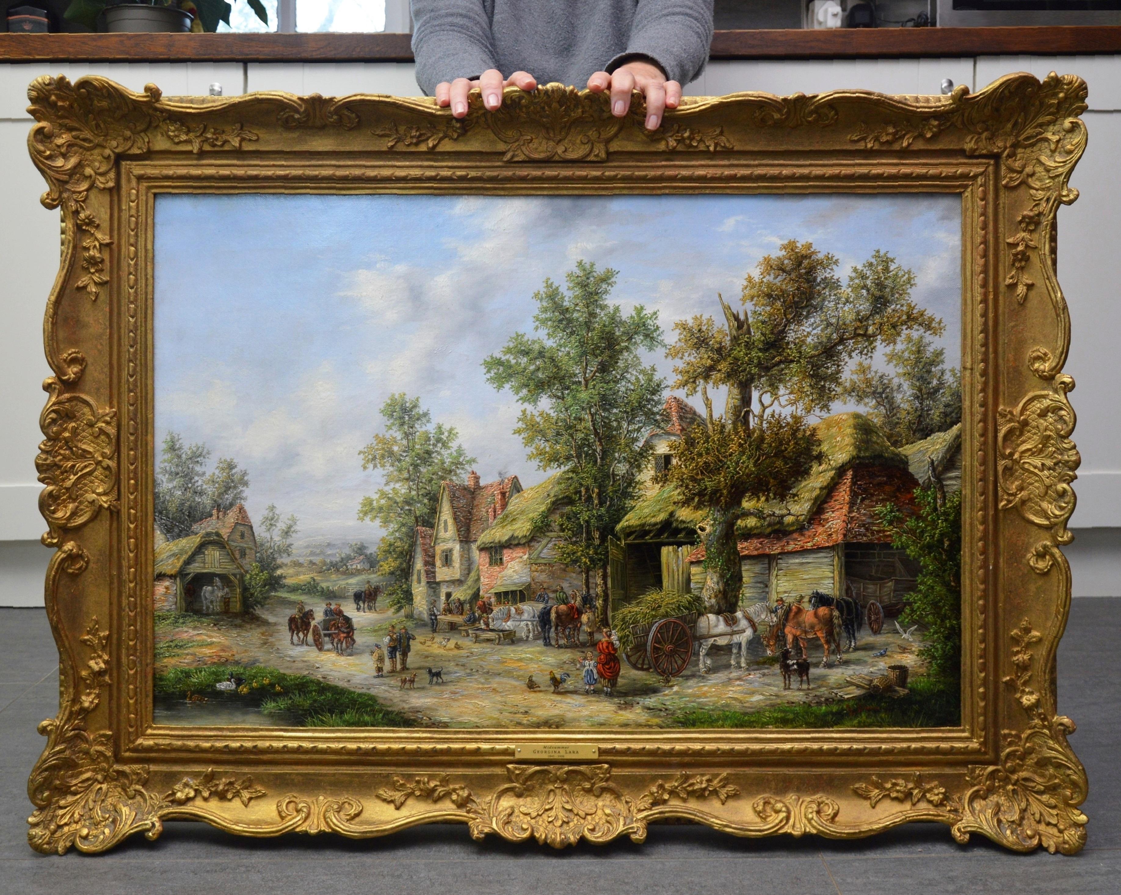 Georgina Lara Animal Painting - Midsummer - 19th Century Landscape Oil Painting of Victorian Village