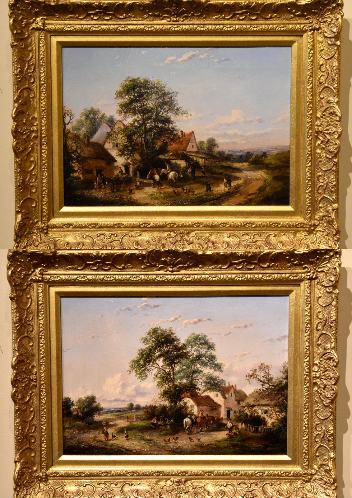 Paire de peintures à l'huile de Georgina LARA "A Busy Village Scene" qui a prospéré  1862- 1871 Peintre de qualité de vues de villages domestiques. Elle a exposé à la Royal Society of British artists et à la British Institution. Les deux huiles sur