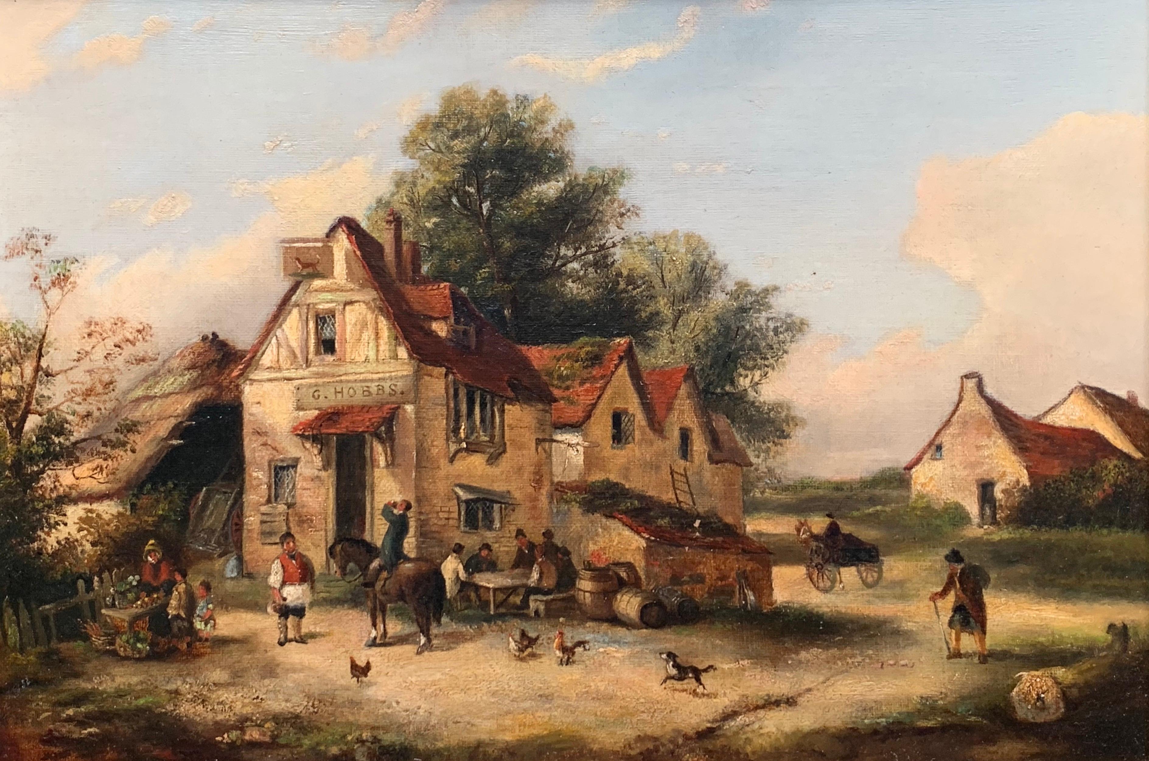Peinture à l'huile victorienne du Village Inn, encadrée et dorée, représentant de nombreuses figurines poulets et chiens - Painting de Georgina Lara