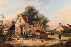 La locanda del villaggio Pittura a olio vittoriana con cornice dorata Molte figure di galline e cani