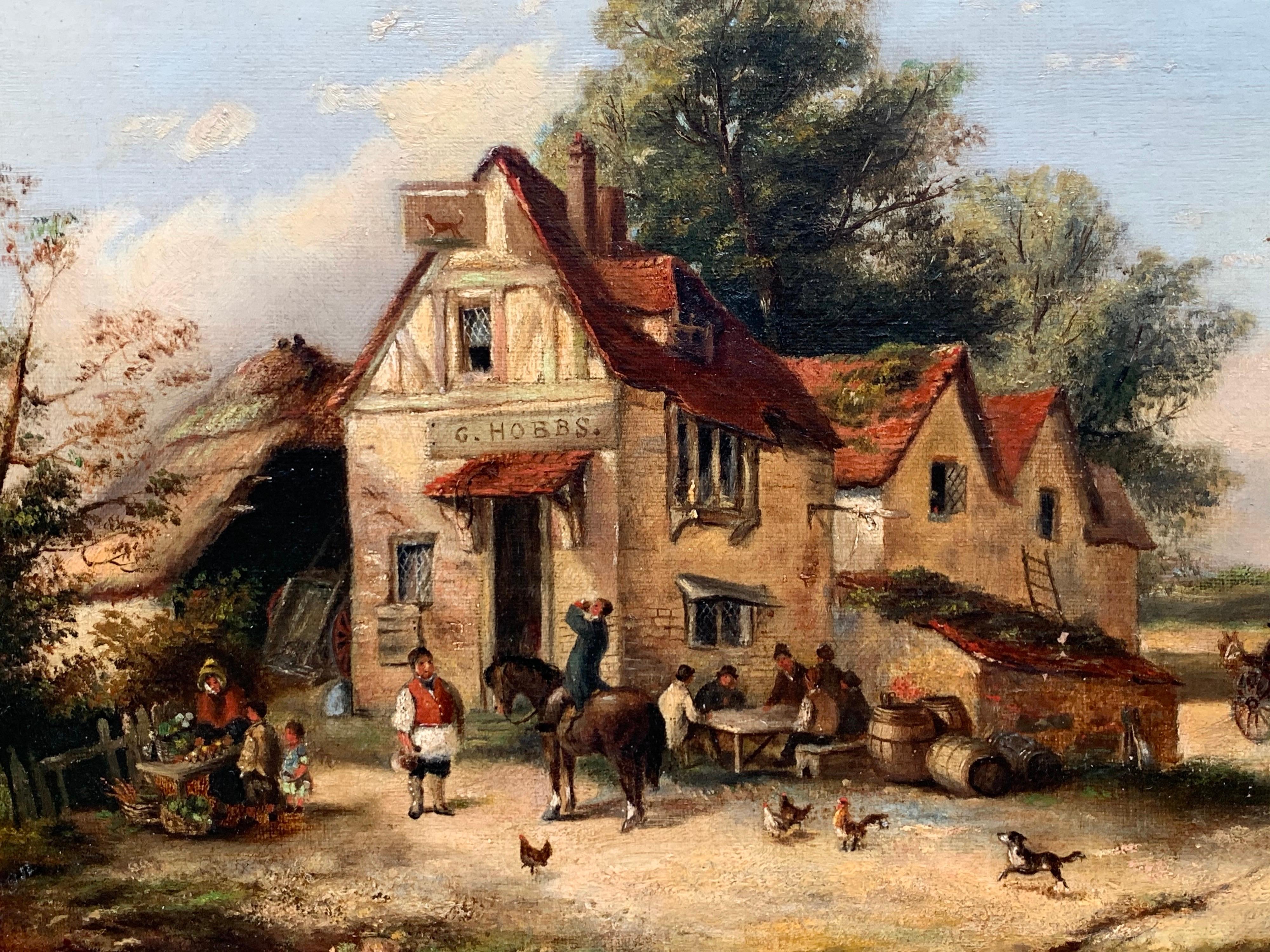 Peinture à l'huile victorienne du Village Inn, encadrée et dorée, représentant de nombreuses figurines poulets et chiens en vente 5